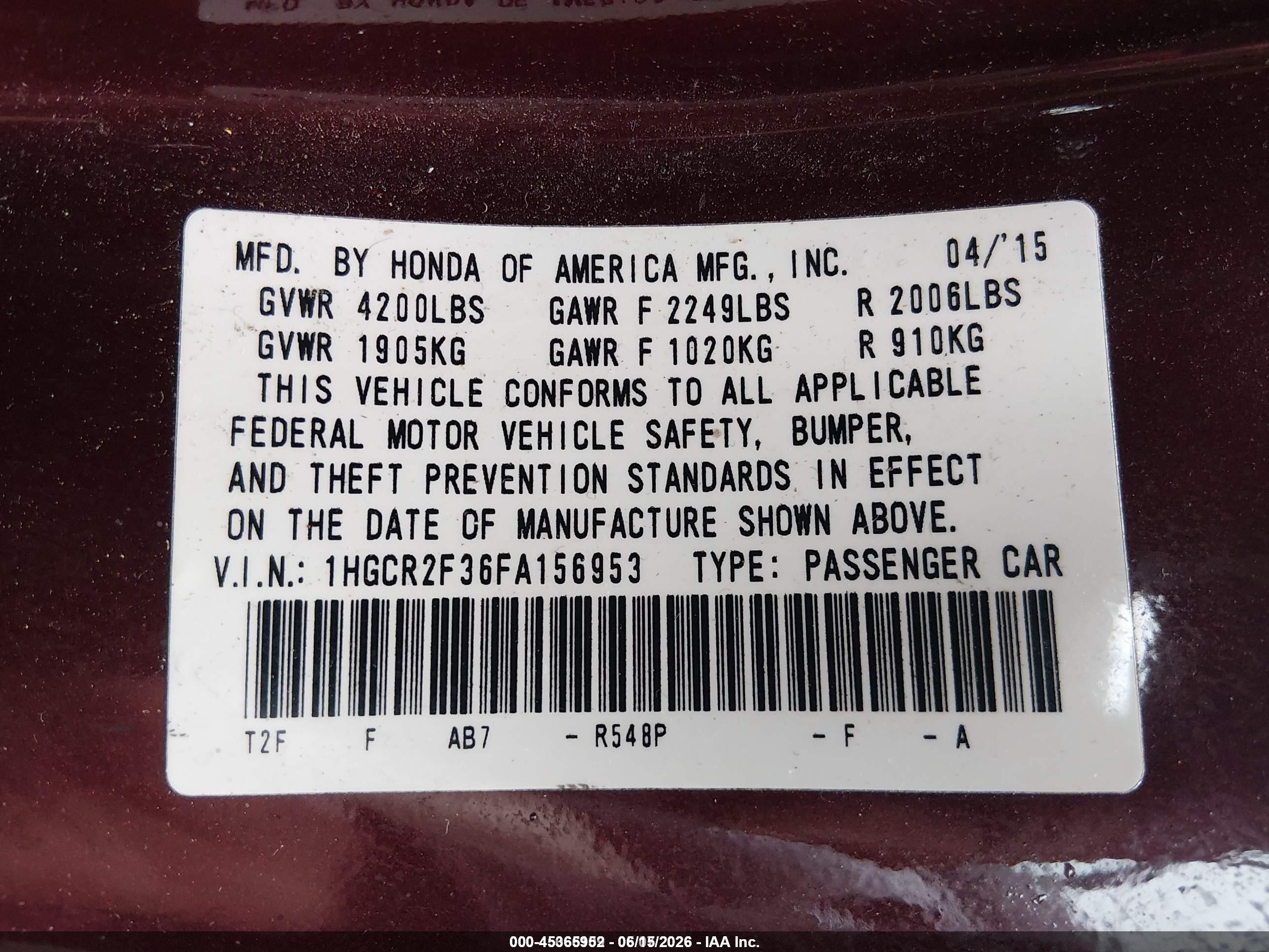 2015 Honda Accord Lx Burgundy vin: 1HGCR2F36FA156953