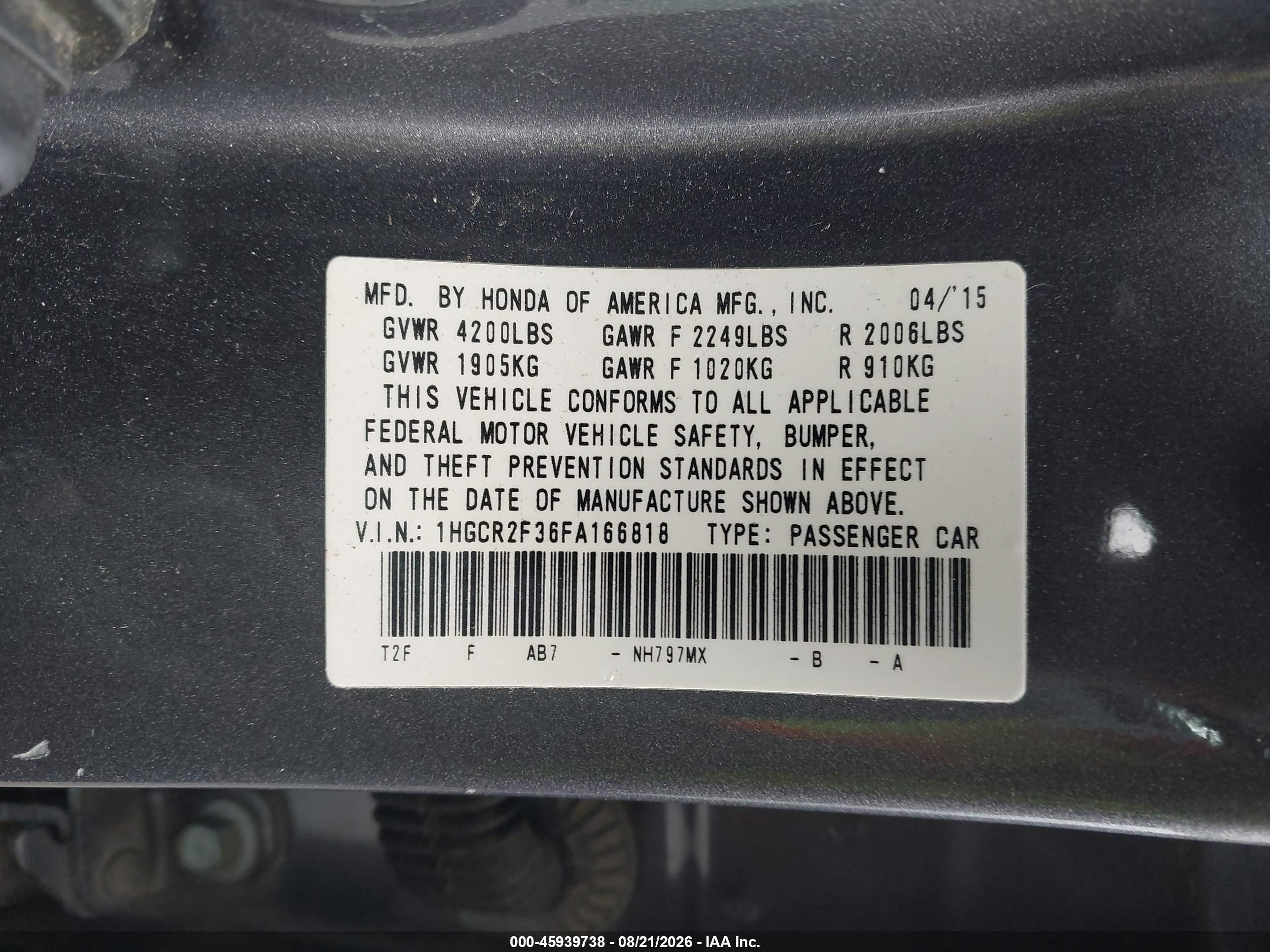 2015 Honda Accord Lx Серый vin: 1HGCR2F36FA166818