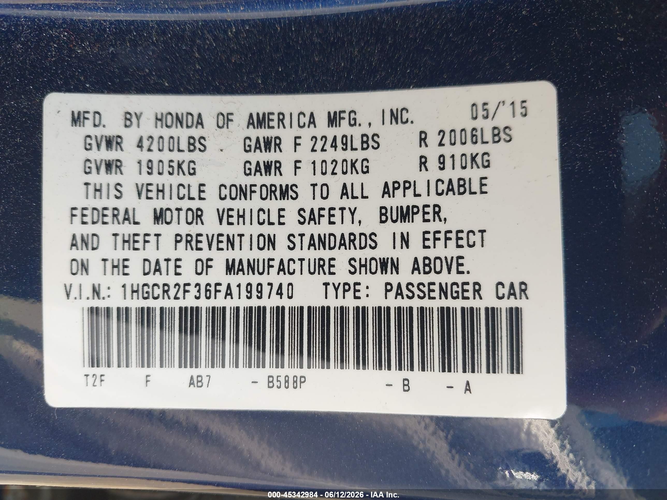 2015 Honda Accord Lx Синий vin: 1HGCR2F36FA199740