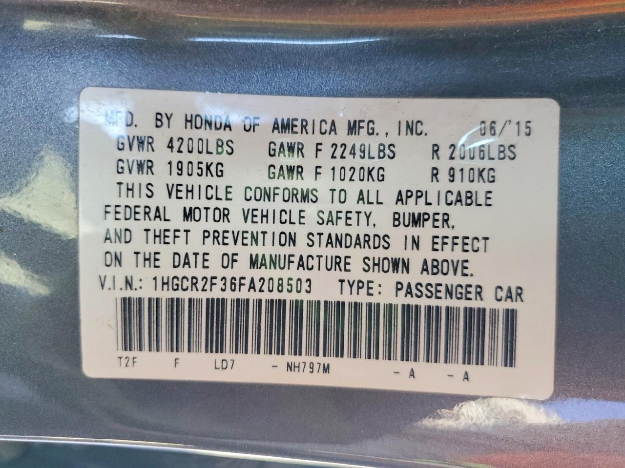 2015 Honda Accord Lx Gray vin: 1HGCR2F36FA208503