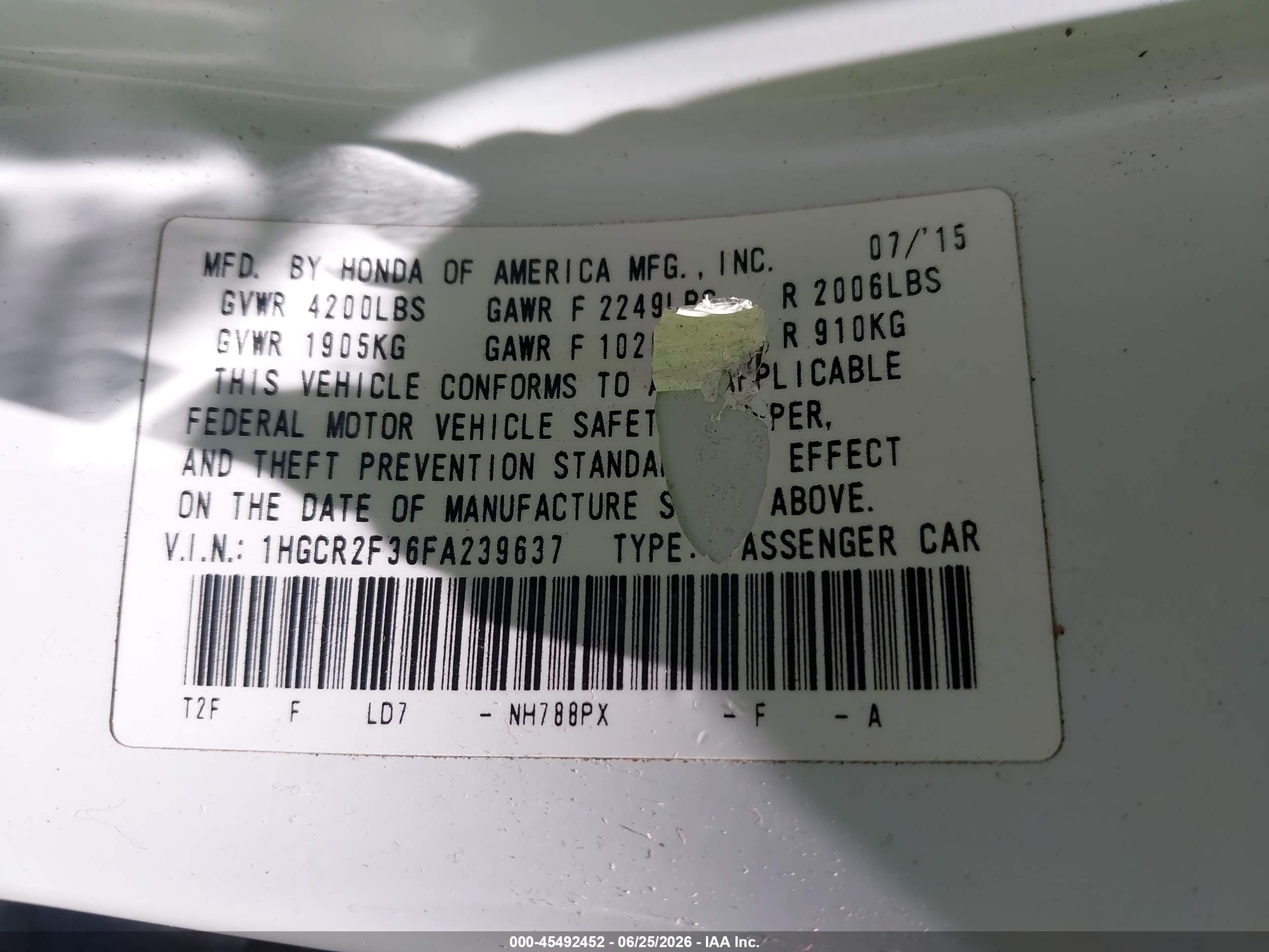 2015 Honda Accord Lx White vin: 1HGCR2F36FA239637