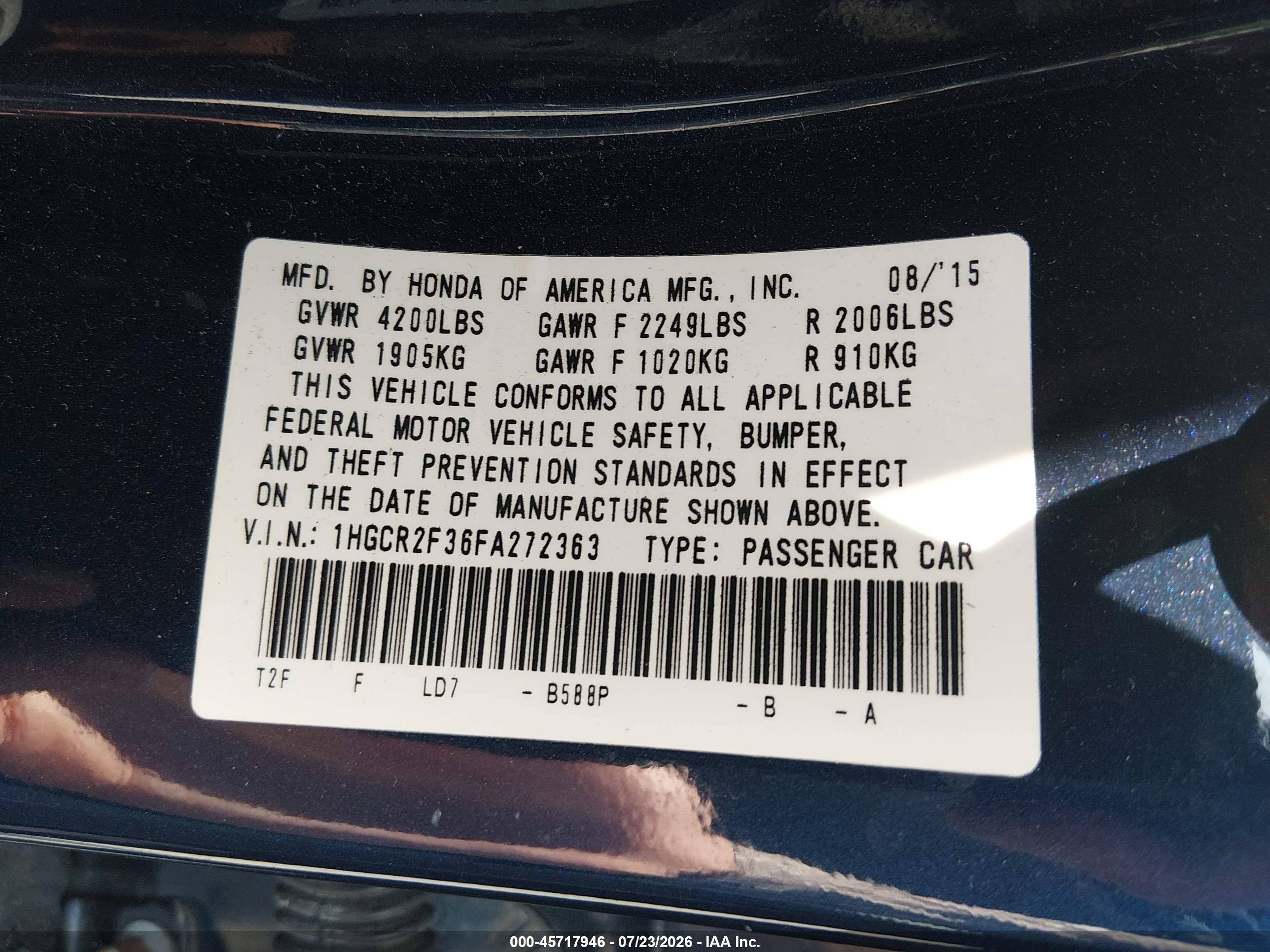 2015 Honda Accord Lx Blue vin: 1HGCR2F36FA272363