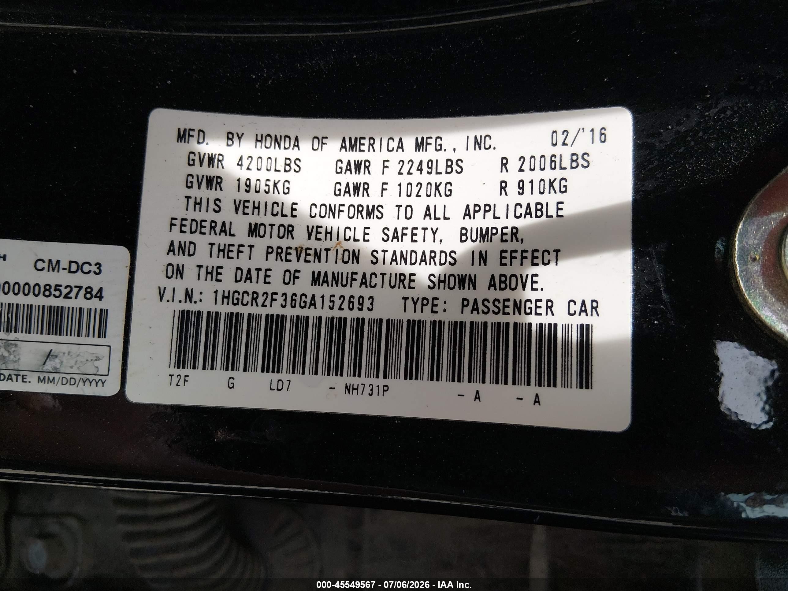 2016 Honda Accord Lx Black vin: 1HGCR2F36GA152693