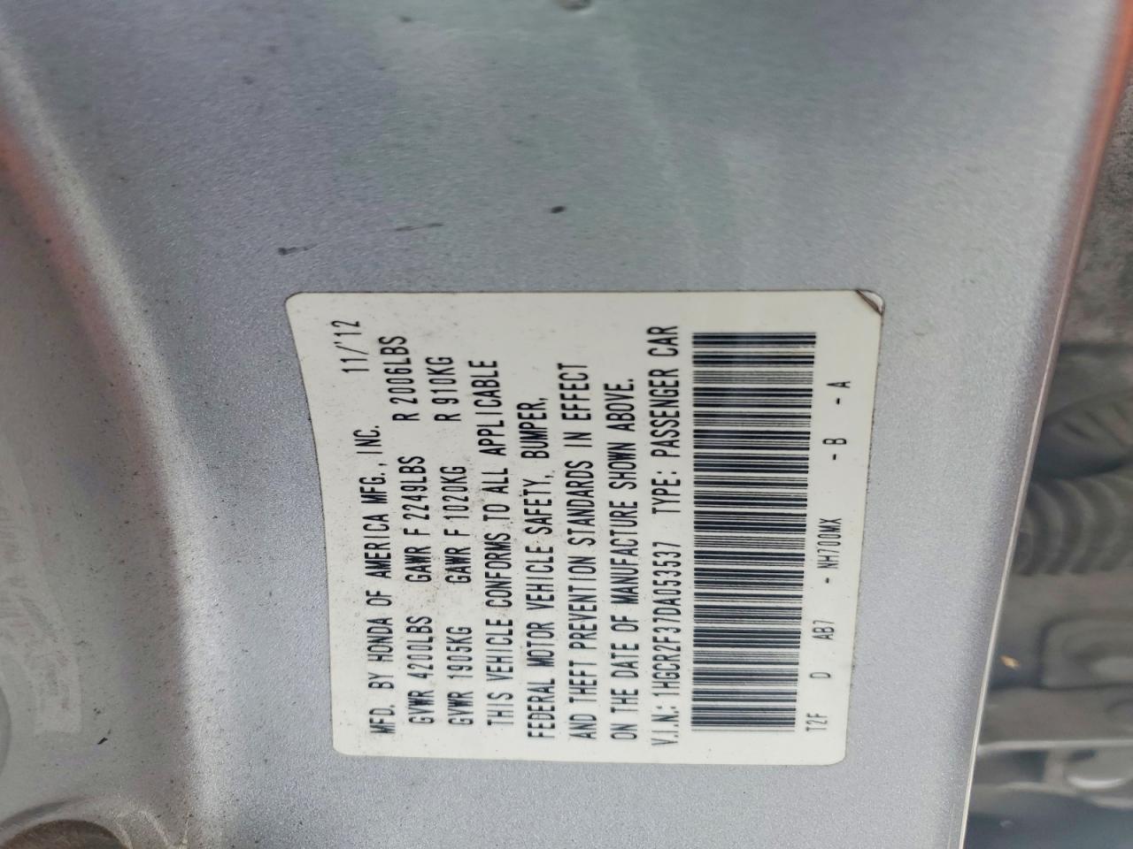 2013 Hond Accord Silver vin: 1HGCR2F37DA053537