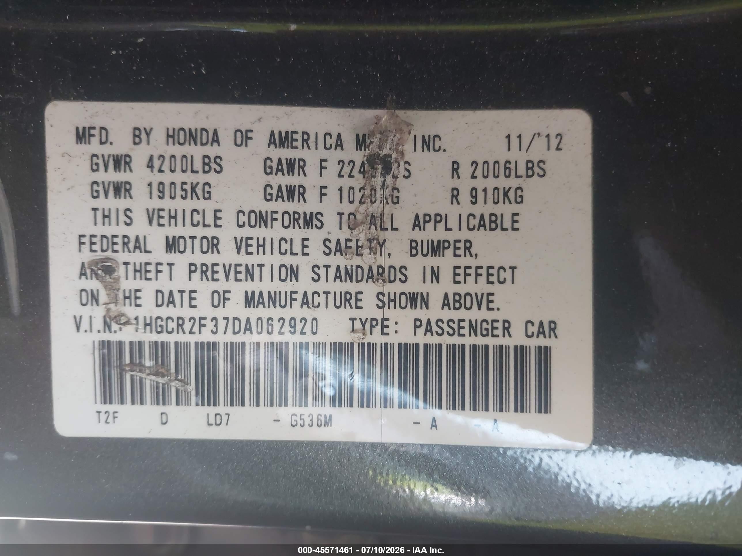 2013 Honda Accord Lx Gray vin: 1HGCR2F37DA062920