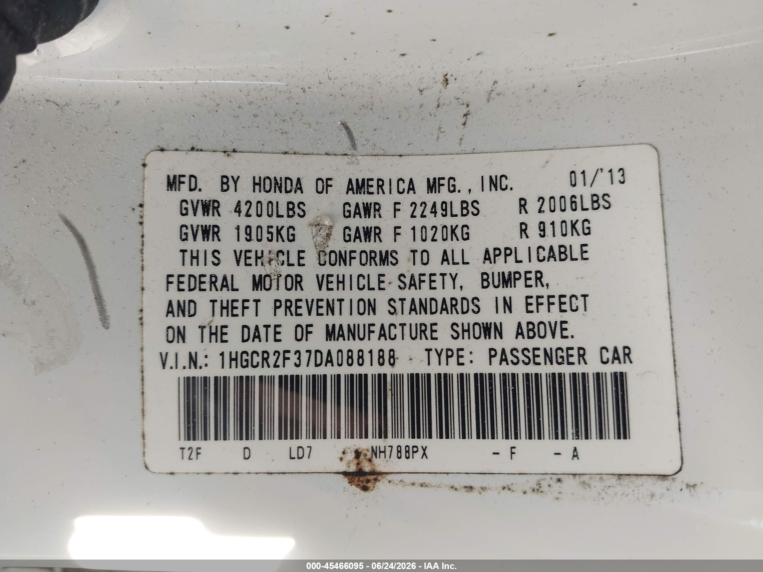 2013 Honda Accord Lx Белый vin: 1HGCR2F37DA088188