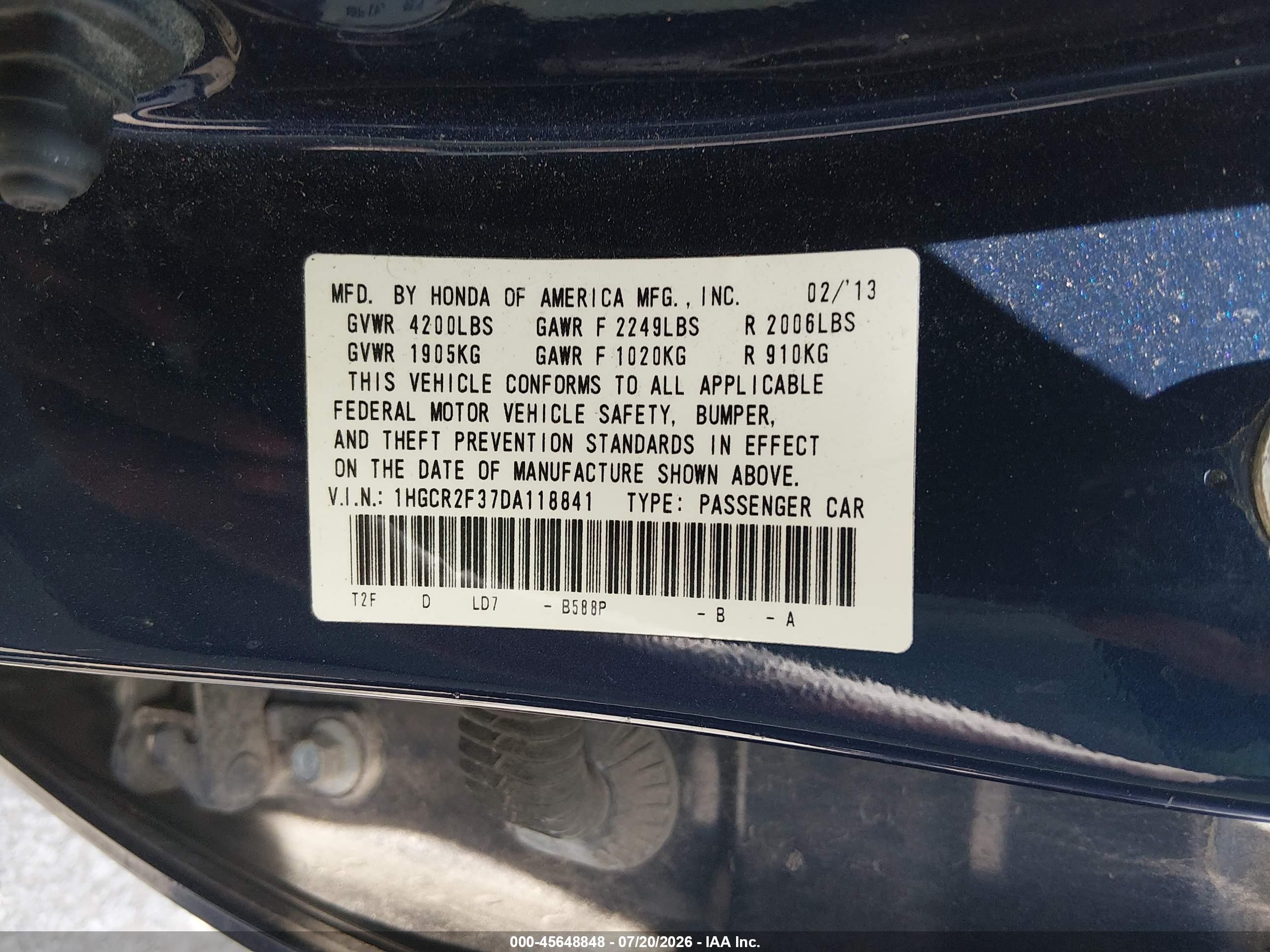 2013 Honda Accord Lx Синий vin: 1HGCR2F37DA118841