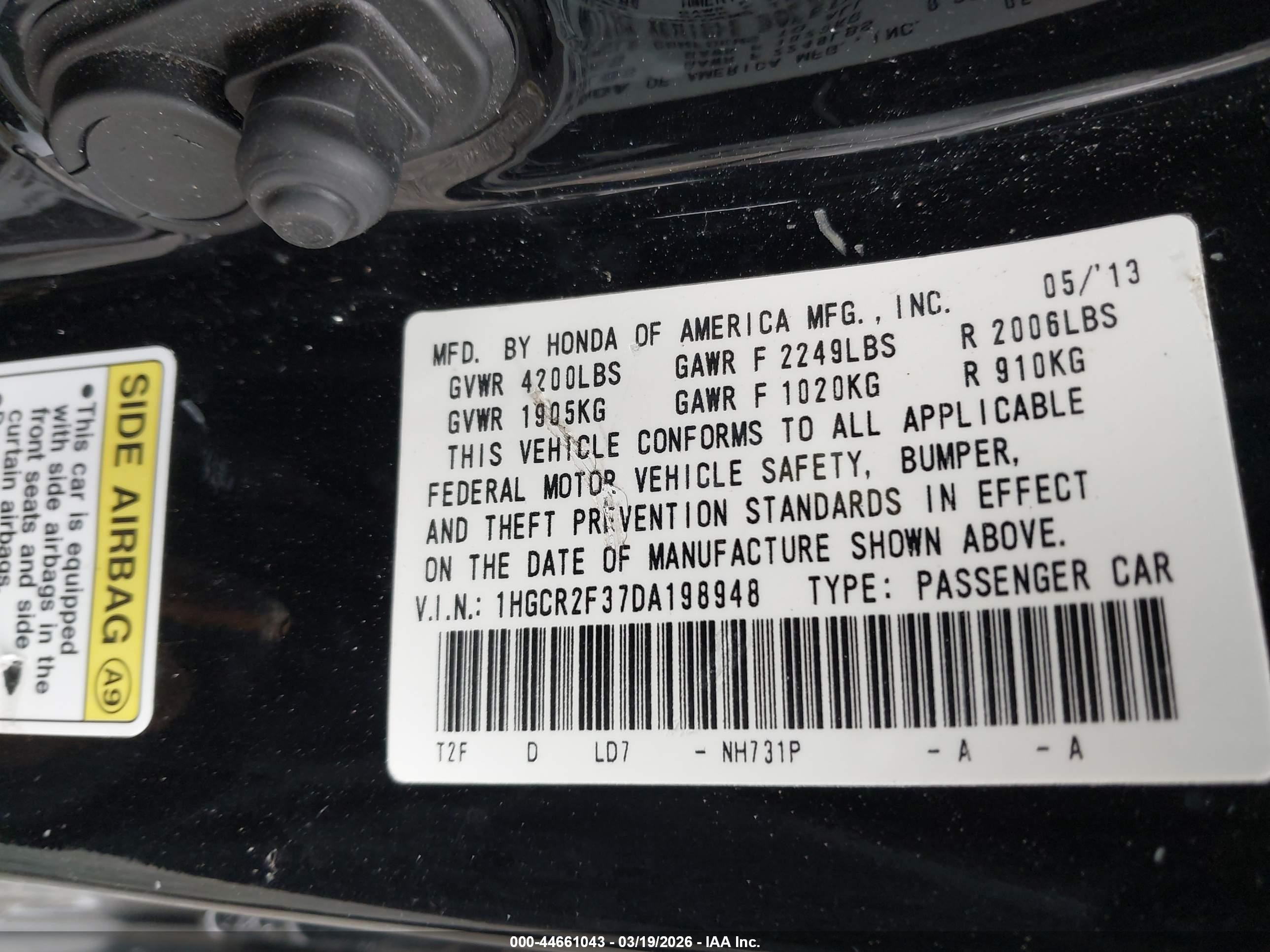 2013 Honda Accord Lx Черный vin: 1HGCR2F37DA198948