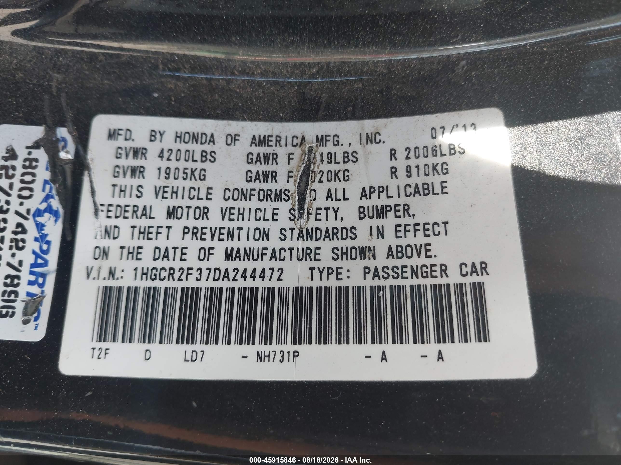 2013 Honda Accord Lx Black vin: 1HGCR2F37DA244472