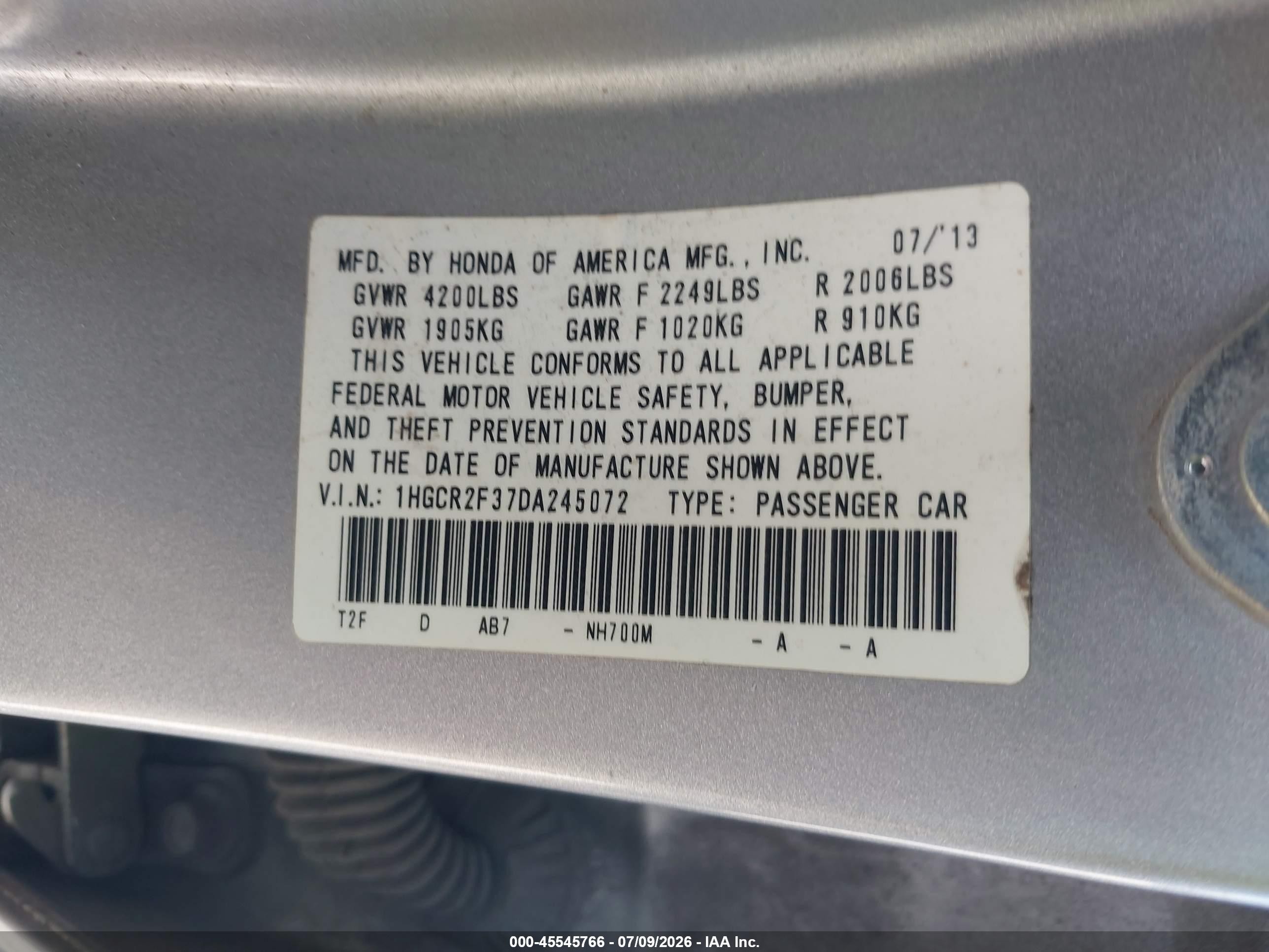 2013 Honda Accord Lx Серебряный vin: 1HGCR2F37DA245072