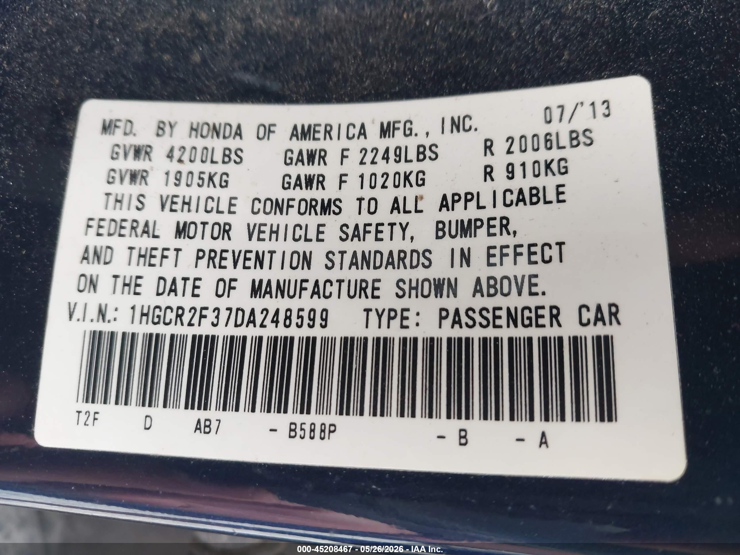 2013 Honda Accord Lx Dark Blue vin: 1HGCR2F37DA248599