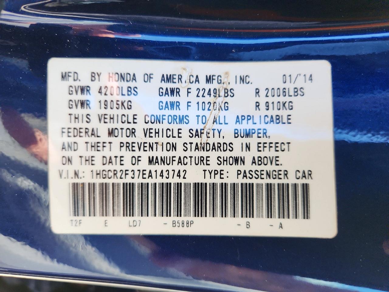 2014 Honda Accord Lx Blue vin: 1HGCR2F37EA143742
