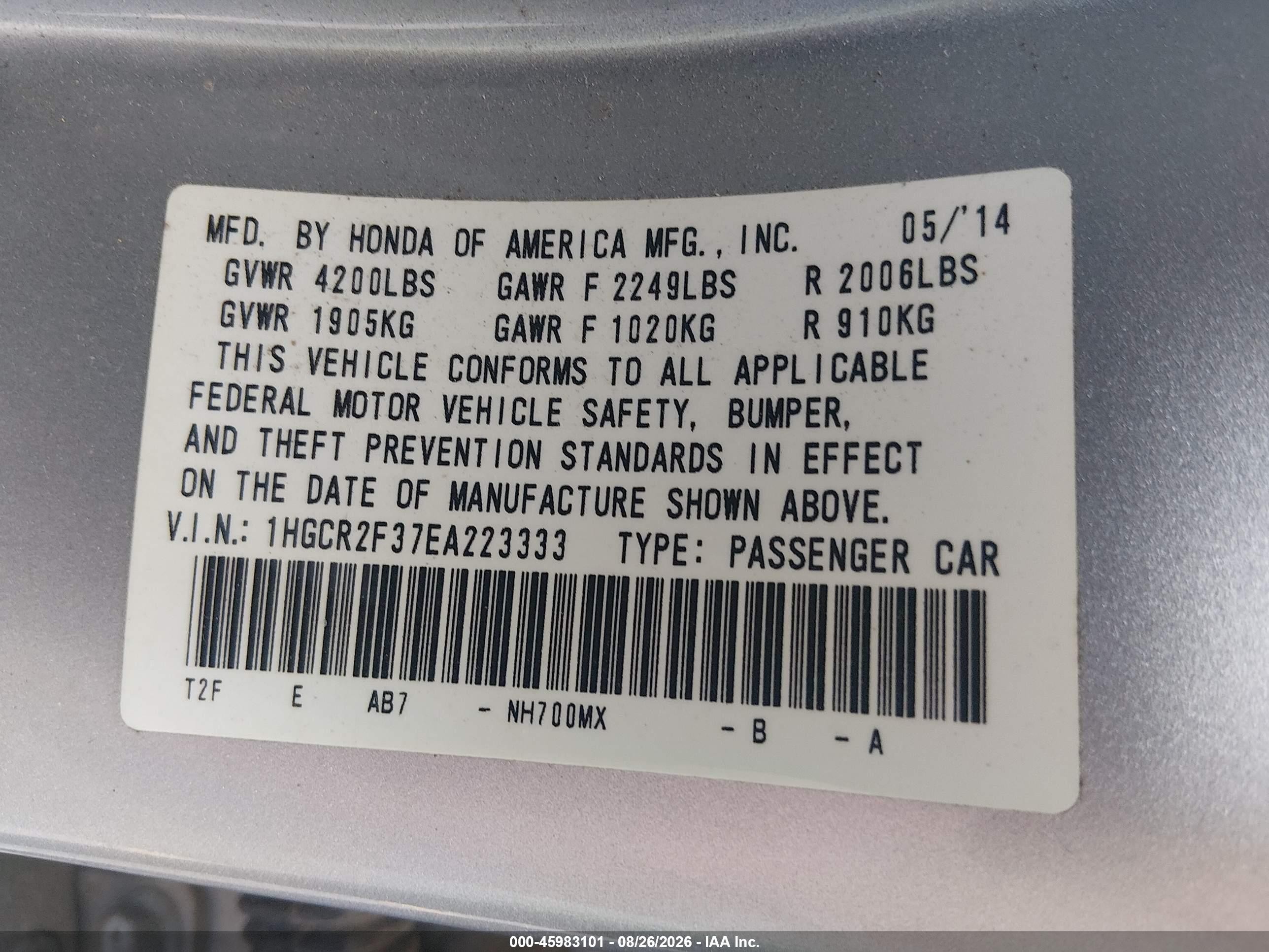 2014 Honda Accord Lx Серебряный vin: 1HGCR2F37EA223333