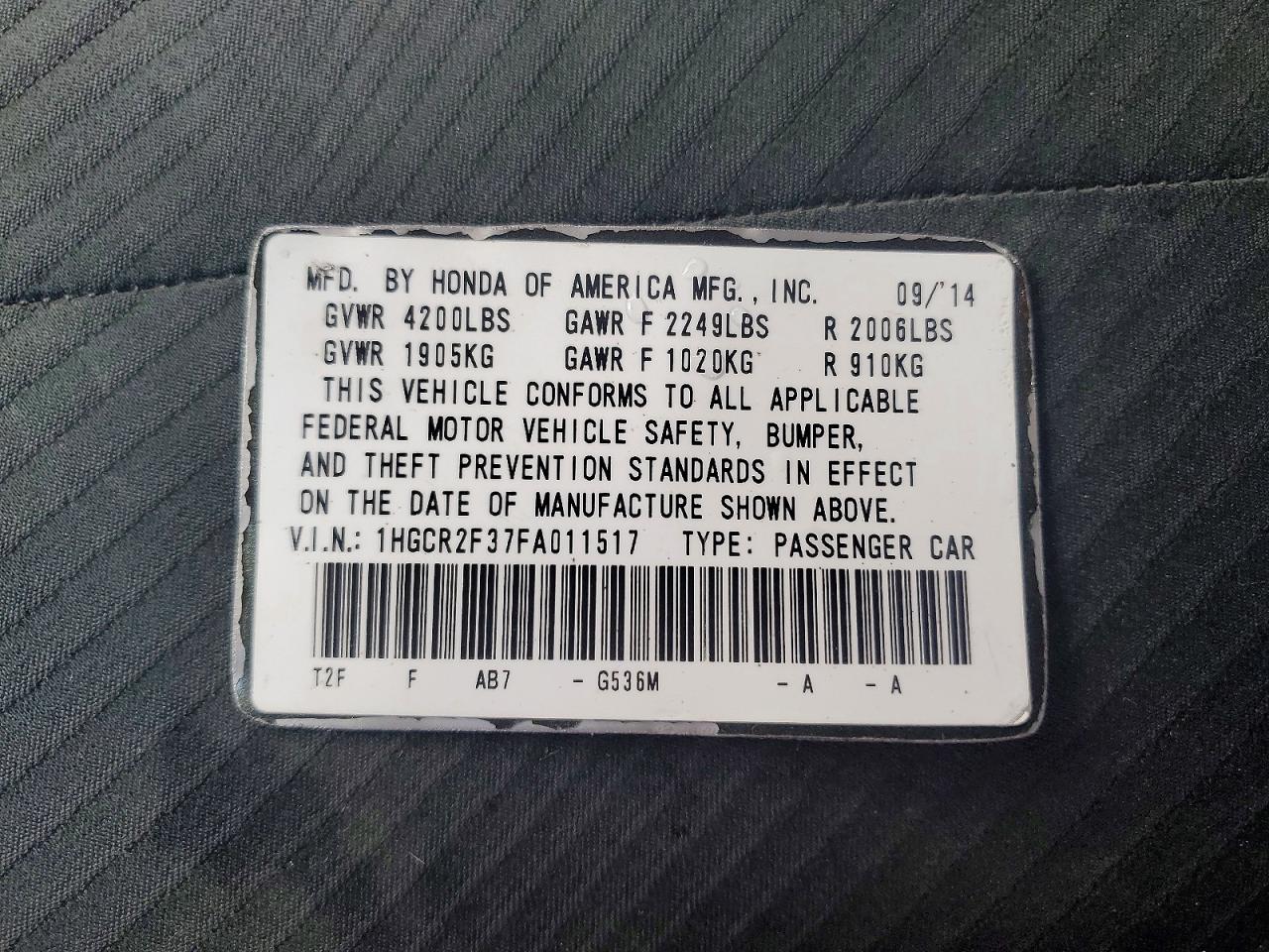 2015 Honda Accord Lx Charcoal vin: 1HGCR2F37FA011517
