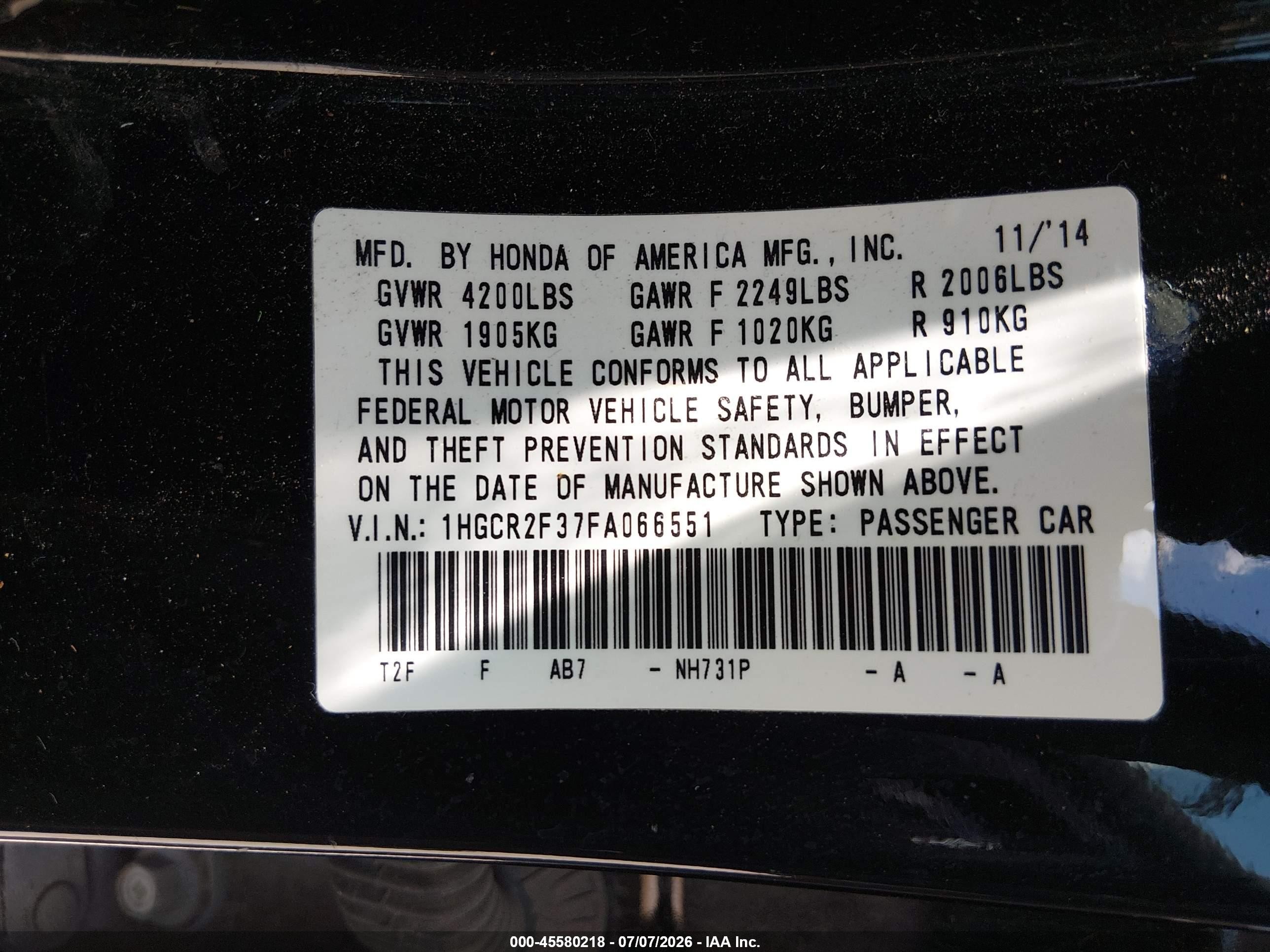 2015 Honda Accord Lx Black vin: 1HGCR2F37FA066551