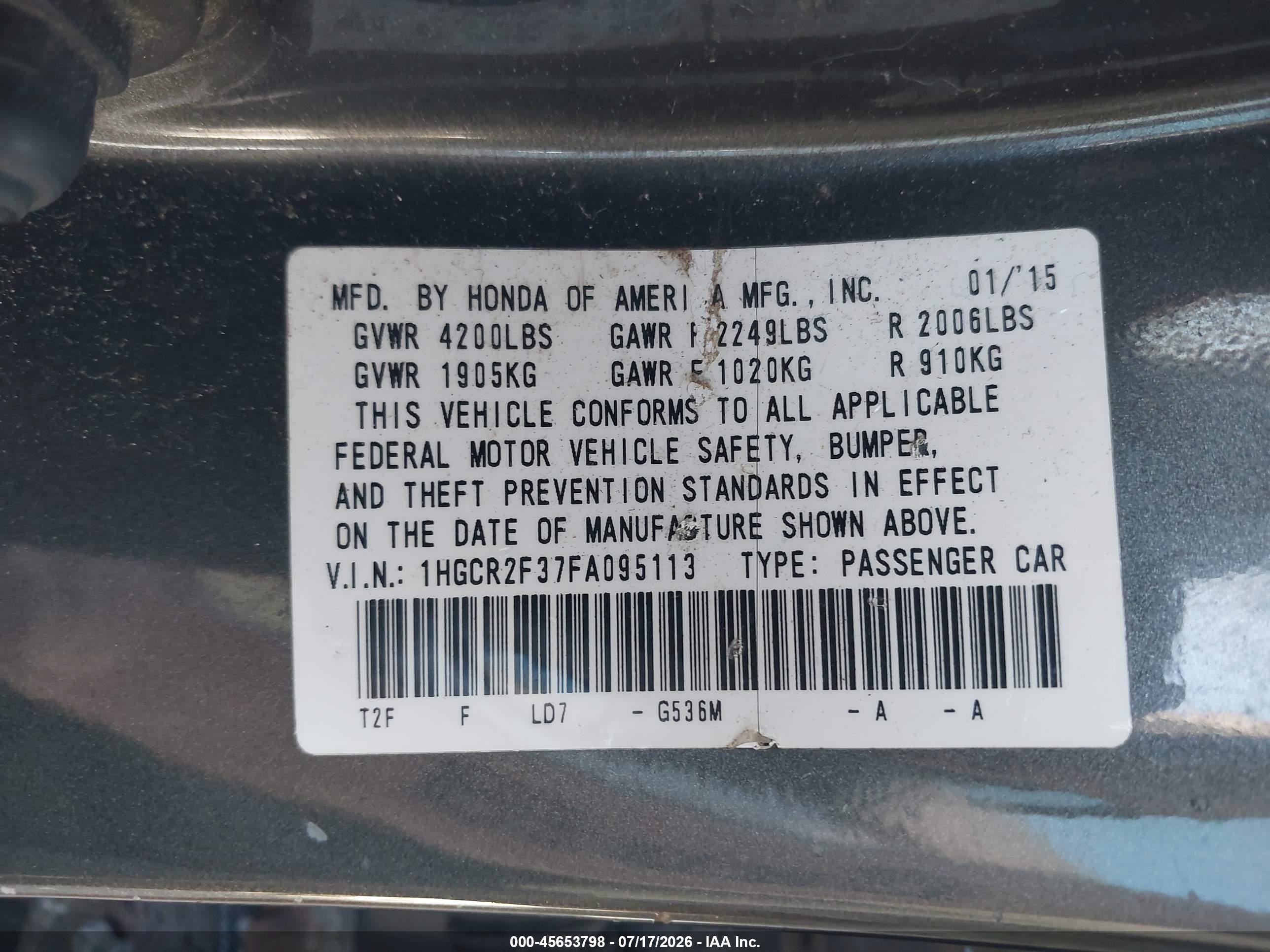 2015 Honda Accord Lx Gray vin: 1HGCR2F37FA095113