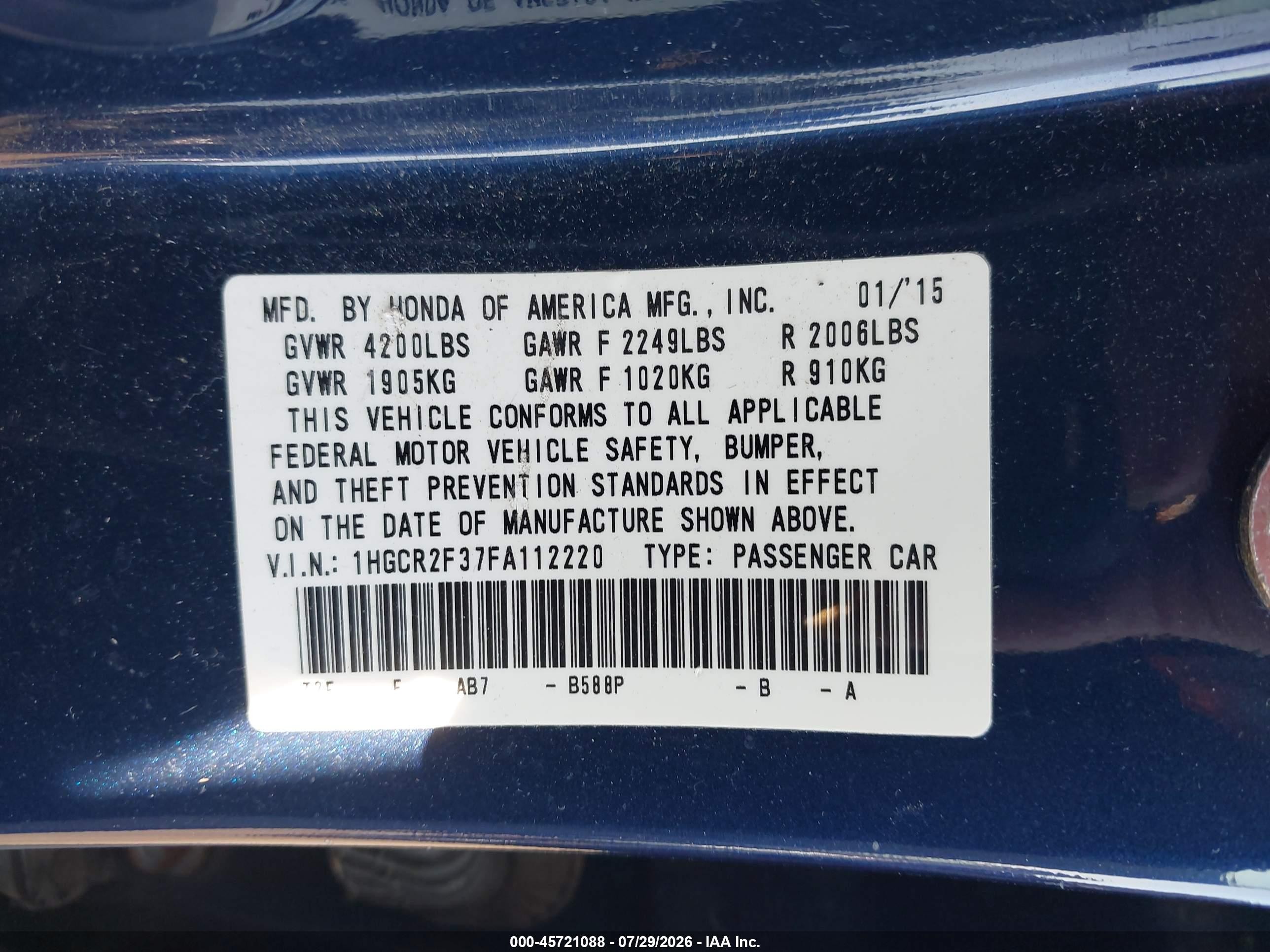 2015 Honda Accord Lx Синий vin: 1HGCR2F37FA112220