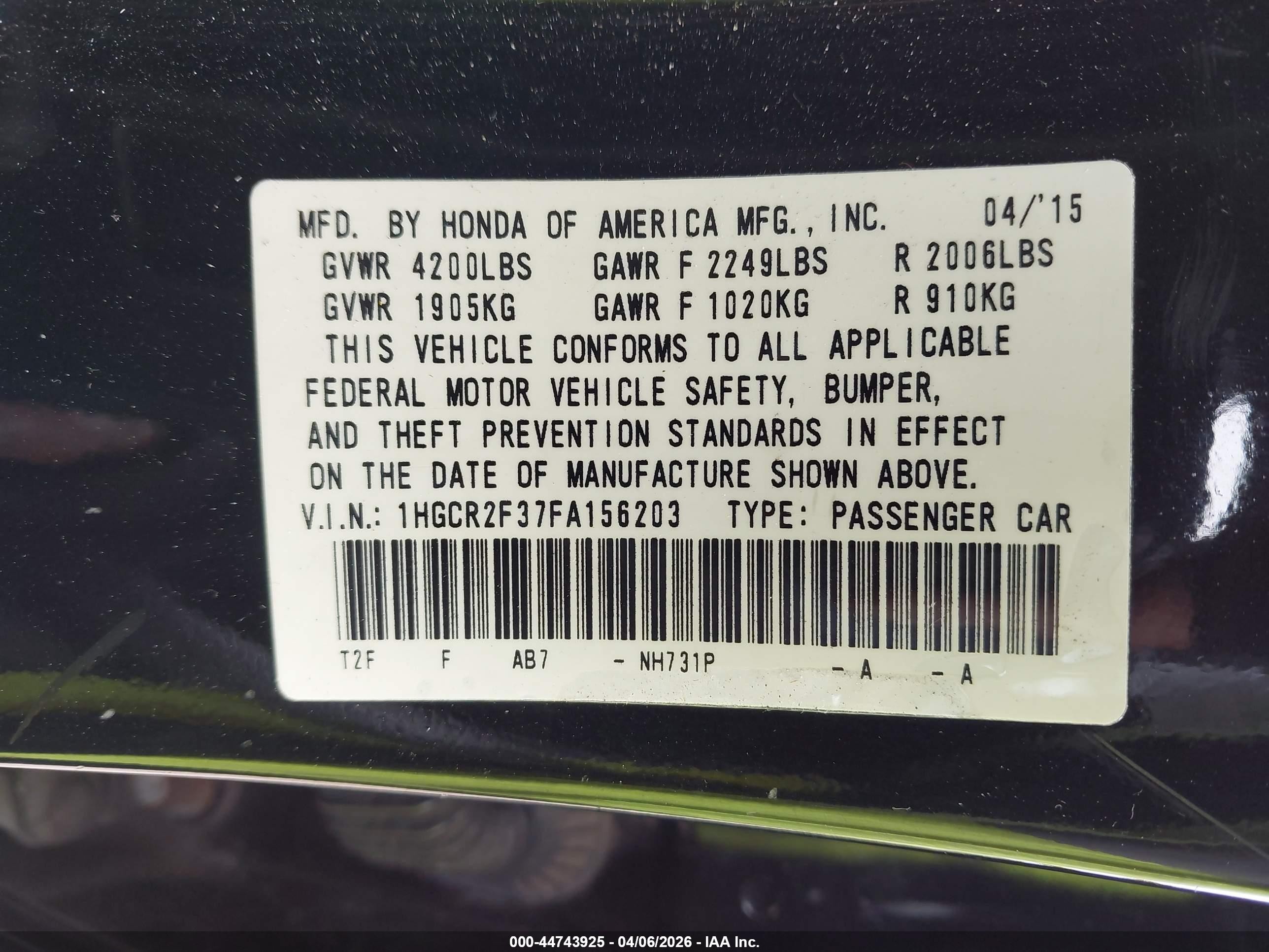 2015 Honda Accord Lx Black vin: 1HGCR2F37FA156203