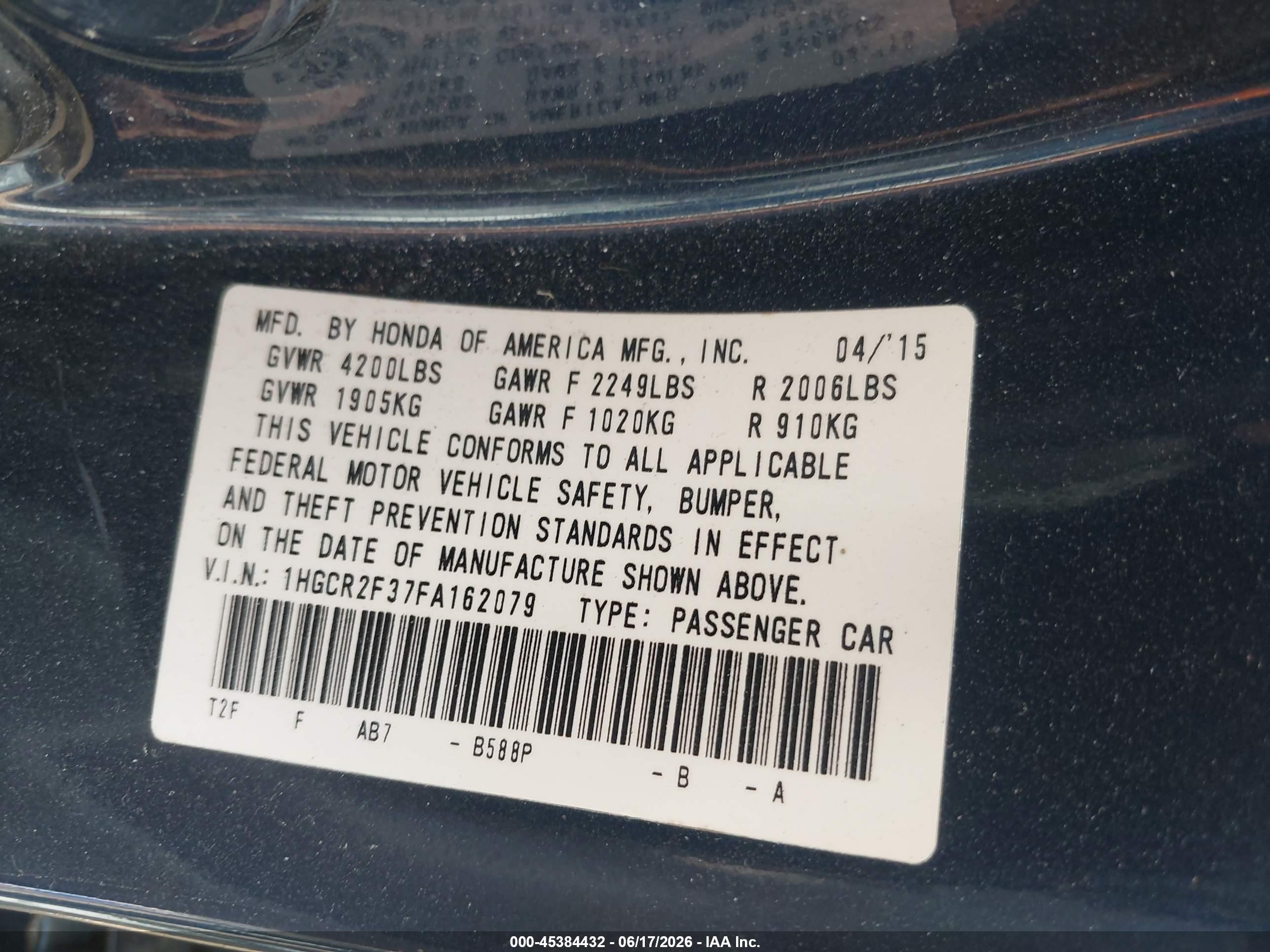 2015 Honda Accord Lx Blue vin: 1HGCR2F37FA162079