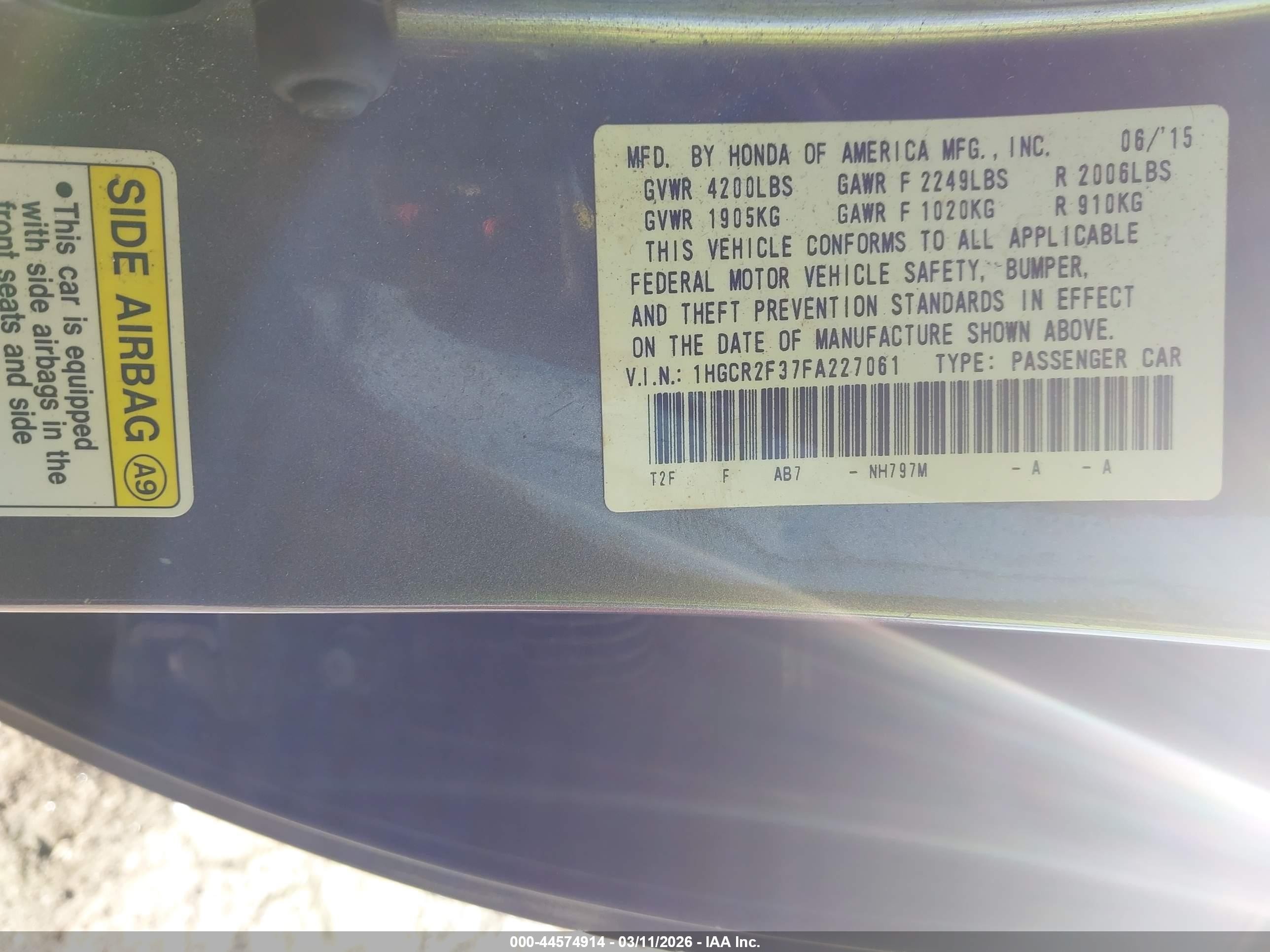 2015 Honda Accord Lx Серый vin: 1HGCR2F37FA227061