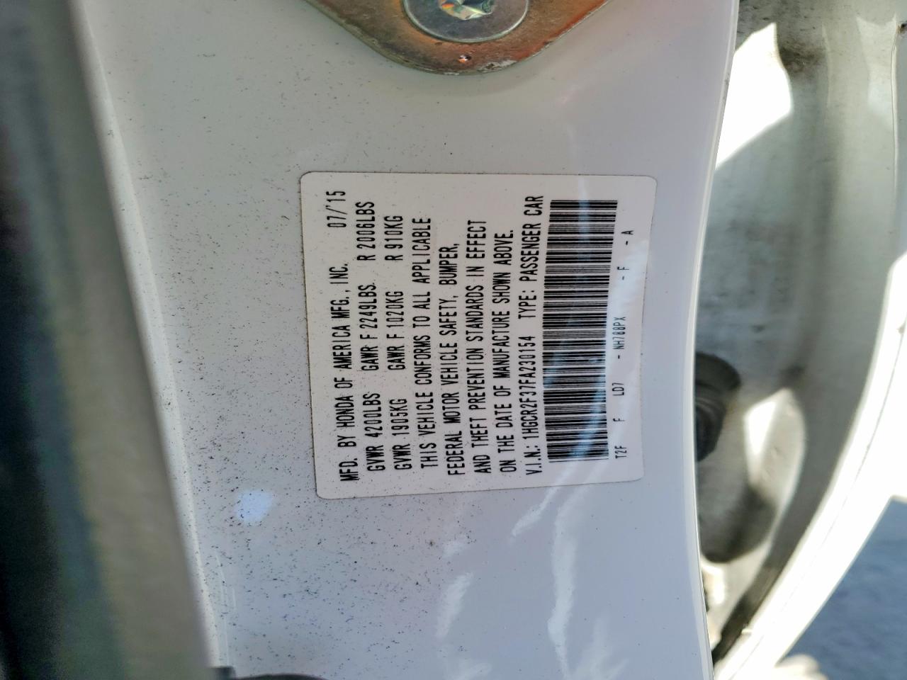 2015 Honda Accord Lx White vin: 1HGCR2F37FA230154