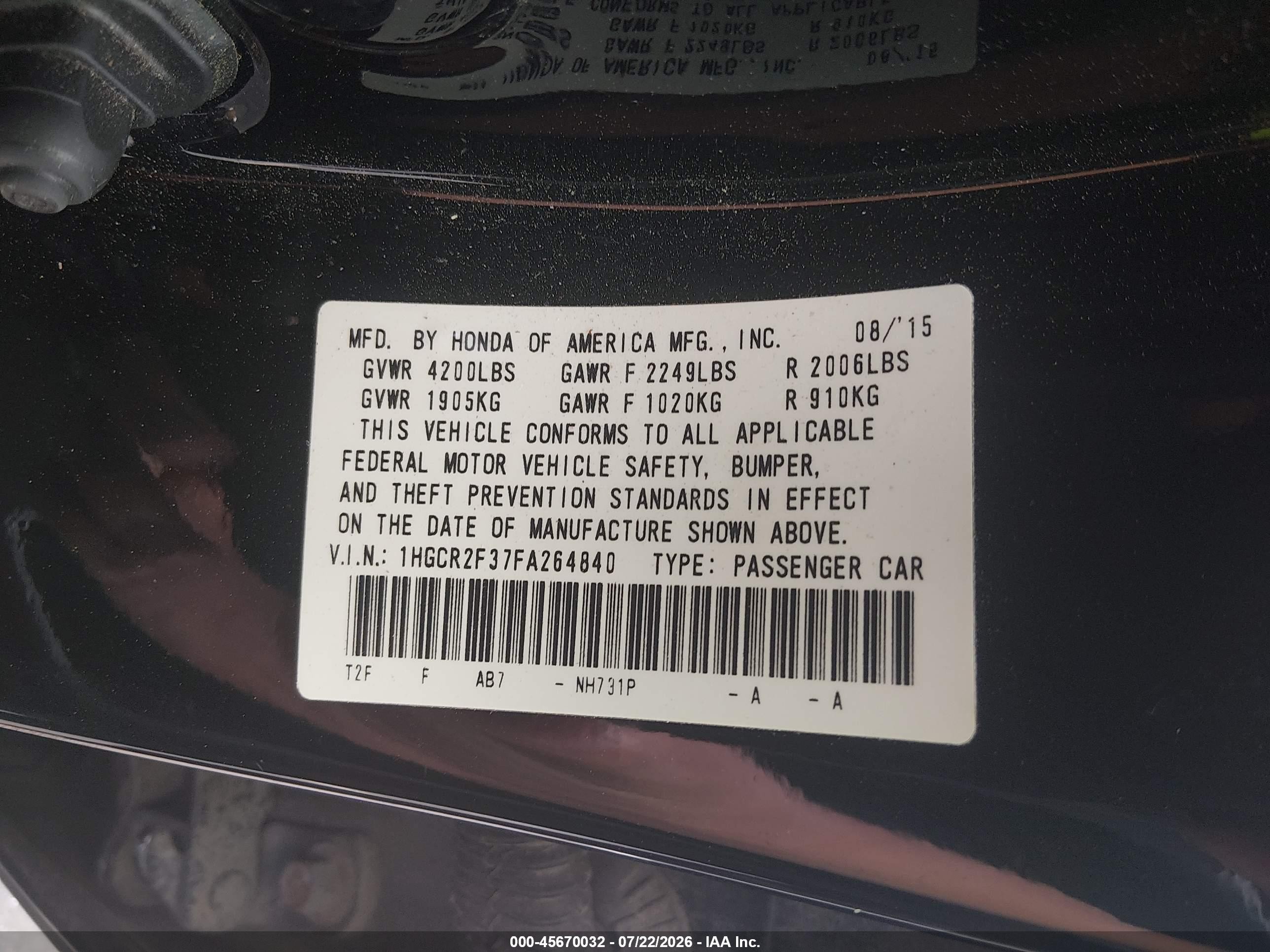 2015 Honda Accord Lx Black vin: 1HGCR2F37FA264840