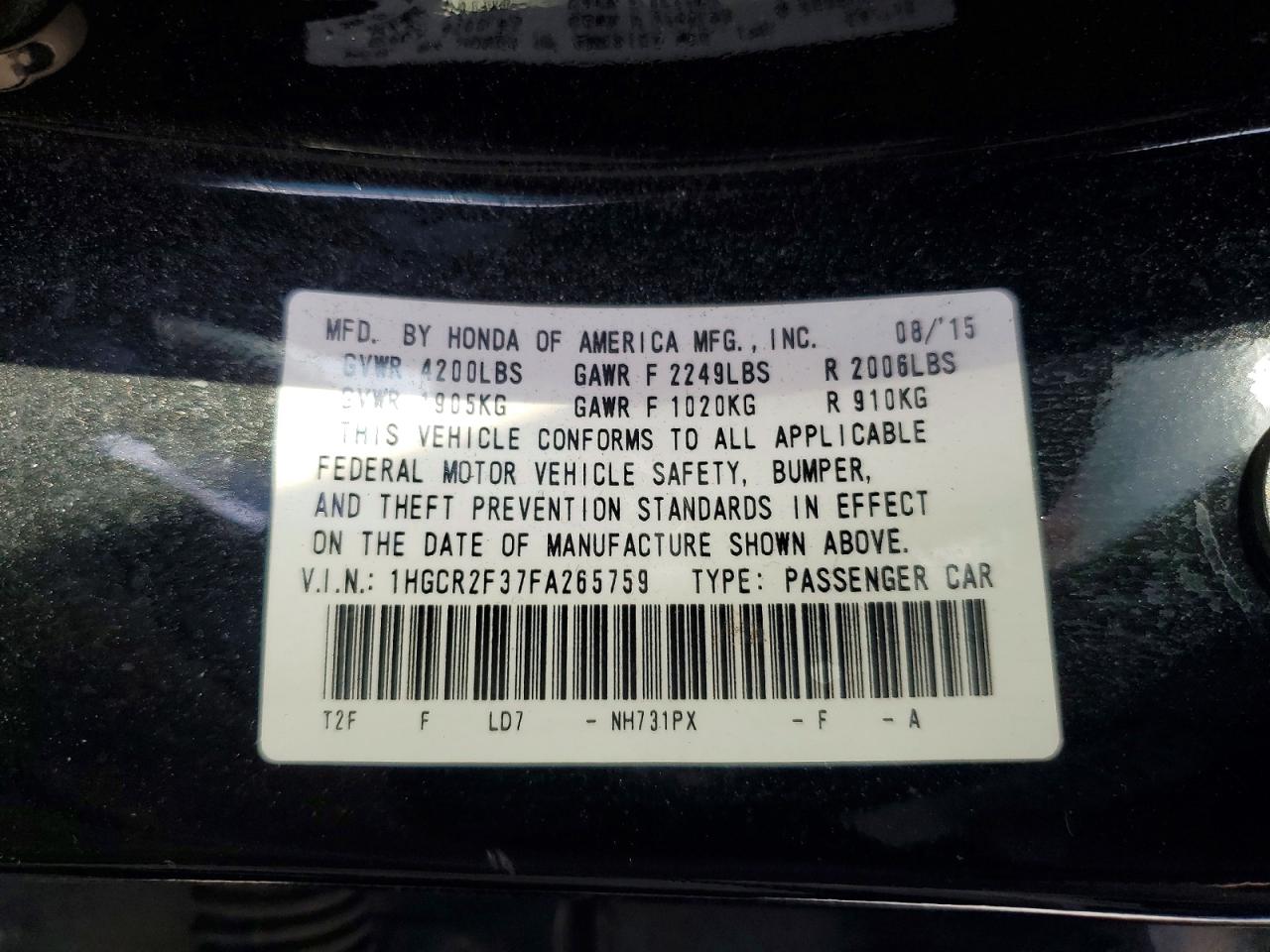 2015 Honda Accord Lx Черный vin: 1HGCR2F37FA265759