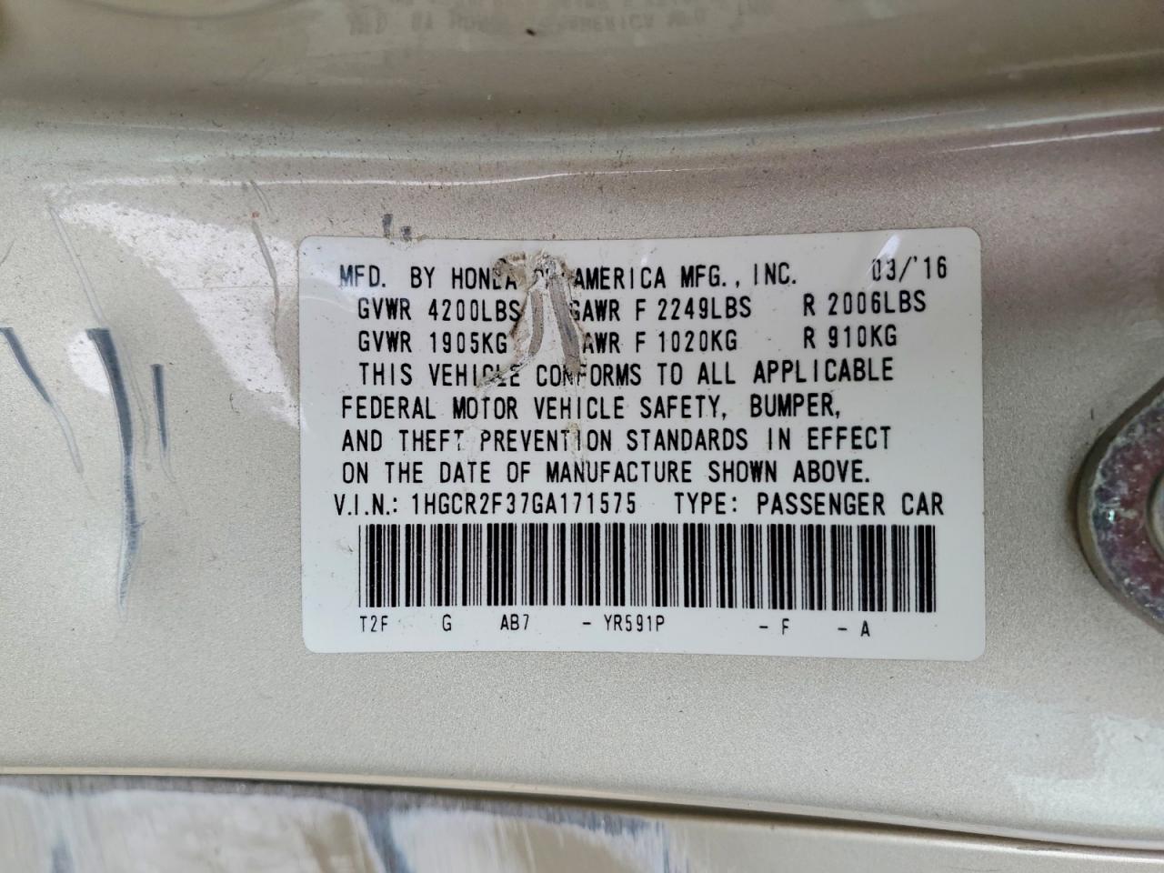 2016 Honda Accord Lx Beige vin: 1HGCR2F37GA171575