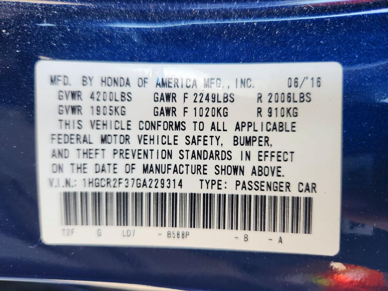 2016 Honda Accord Lx Blue vin: 1HGCR2F37GA229314