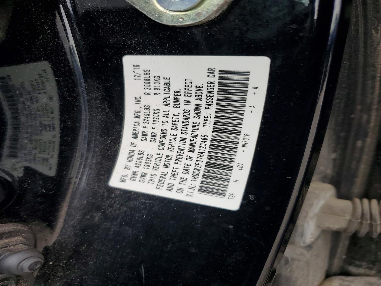 2017 Honda Accord Lx Black vin: 1HGCR2F37HA120465
