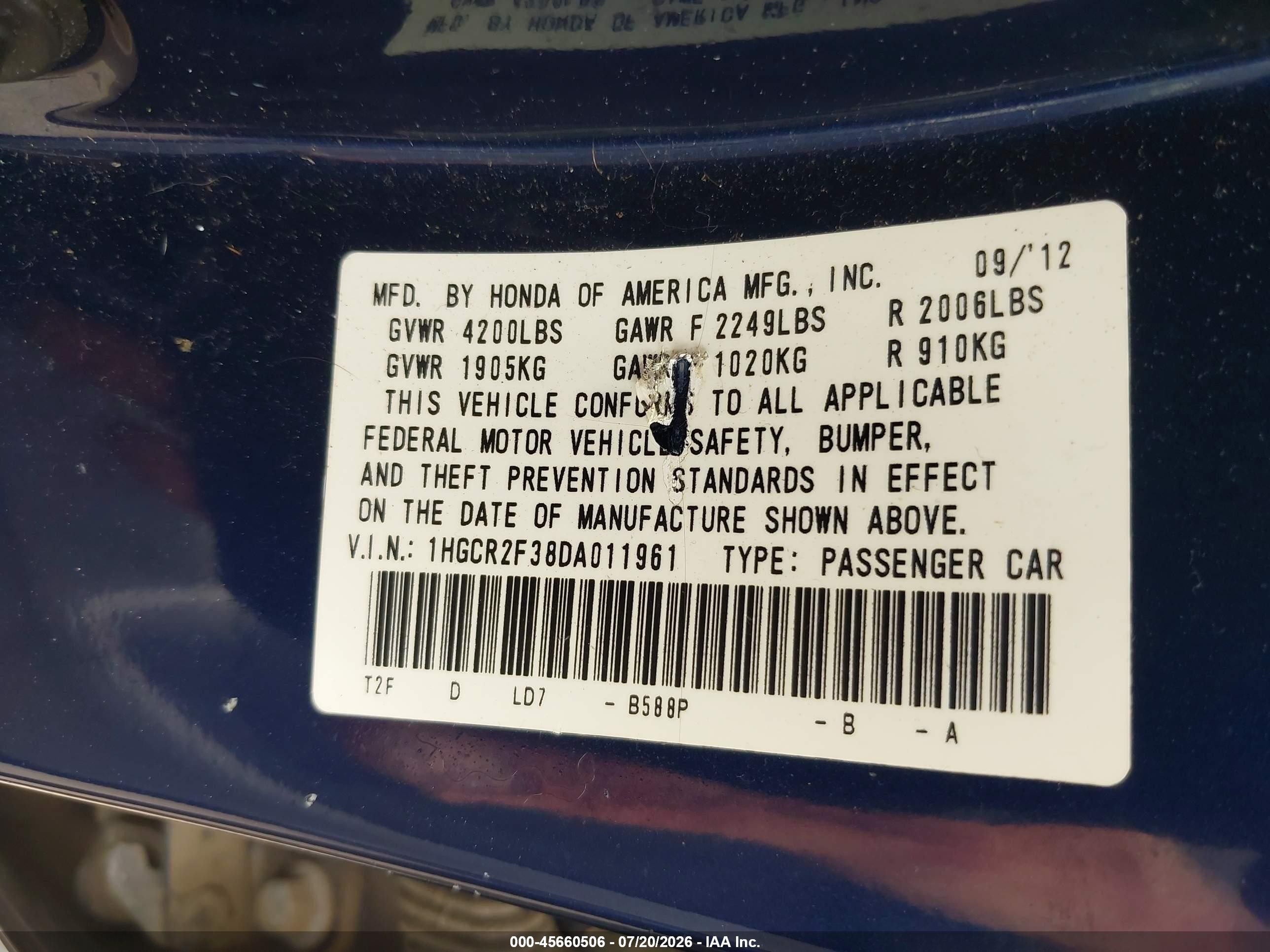 2013 Honda Accord Lx Blue vin: 1HGCR2F38DA011961