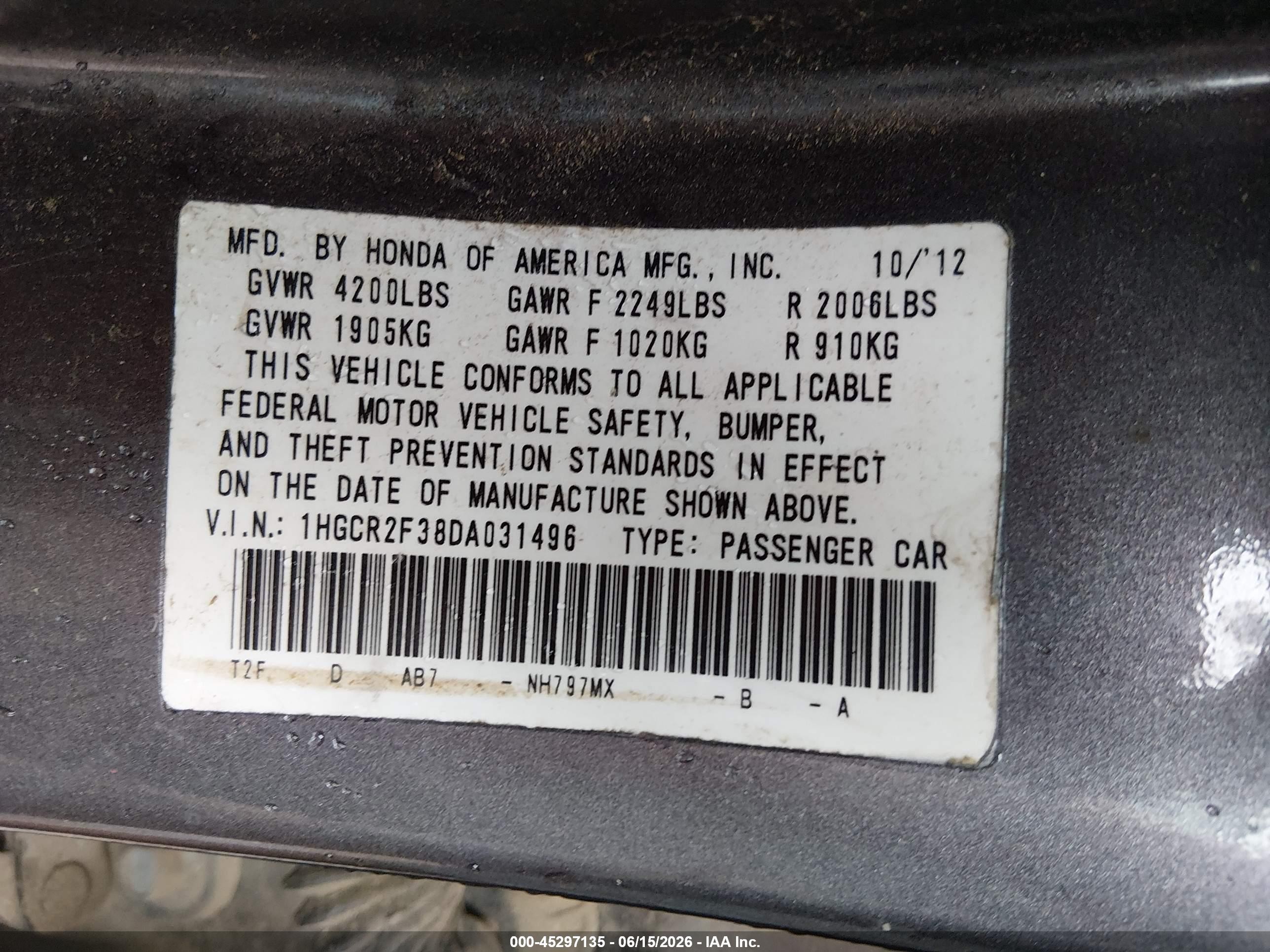2013 Honda Accord Lx Gray vin: 1HGCR2F38DA031496