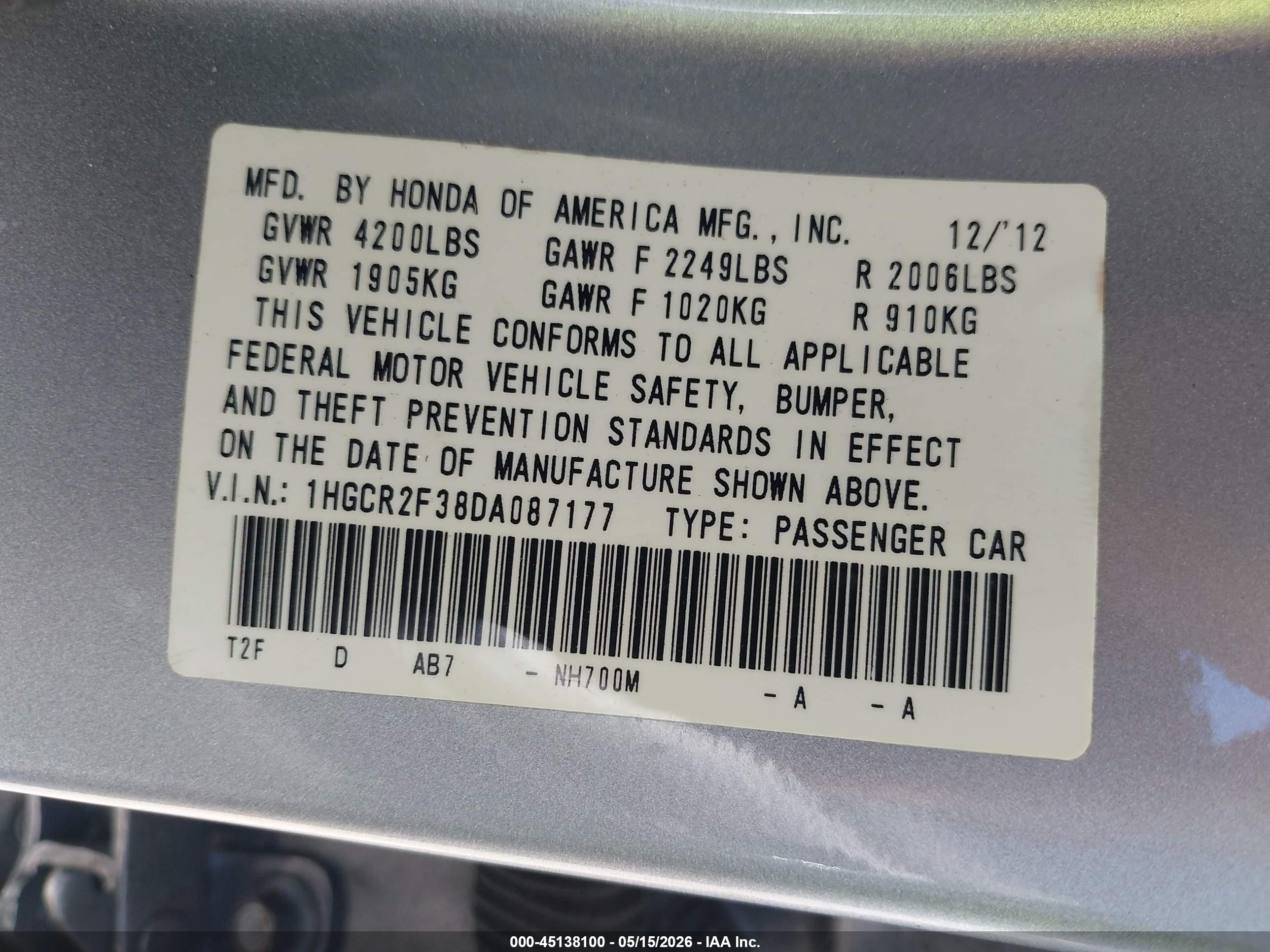 2013 Honda Accord Lx Silver vin: 1HGCR2F38DA087177