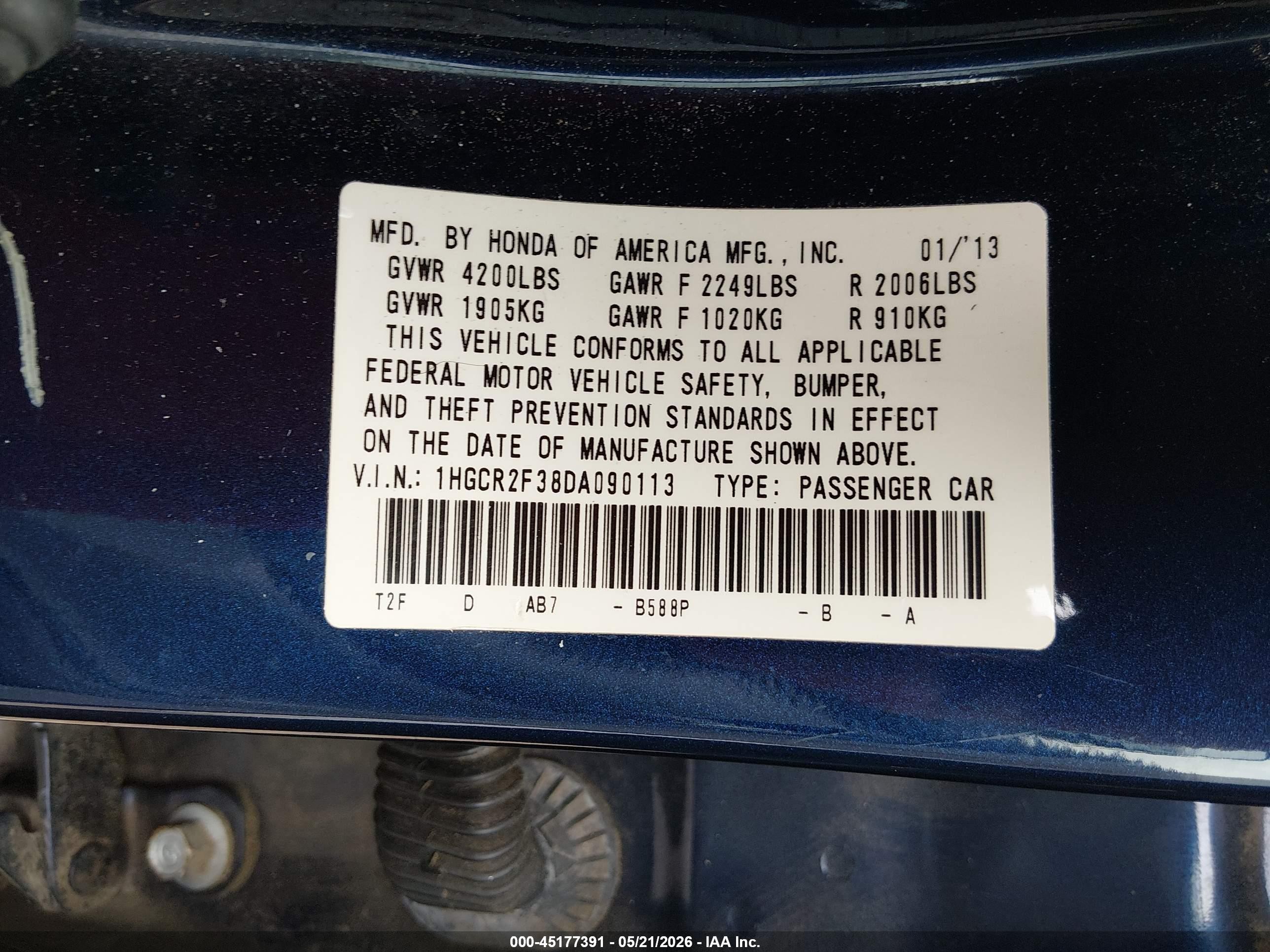 2013 Honda Accord Lx Blue vin: 1HGCR2F38DA090113