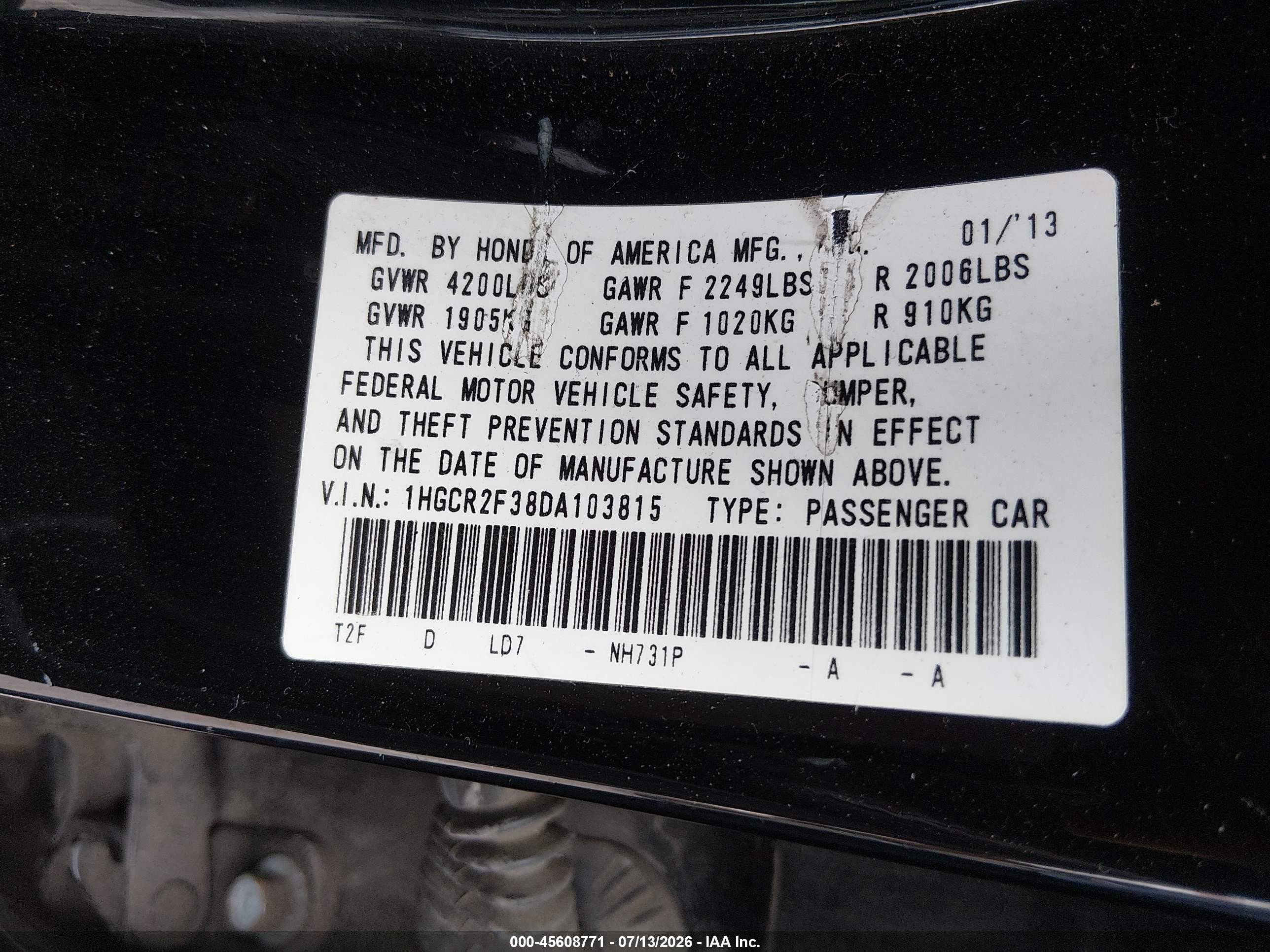 2013 Honda Accord Lx Черный vin: 1HGCR2F38DA103815