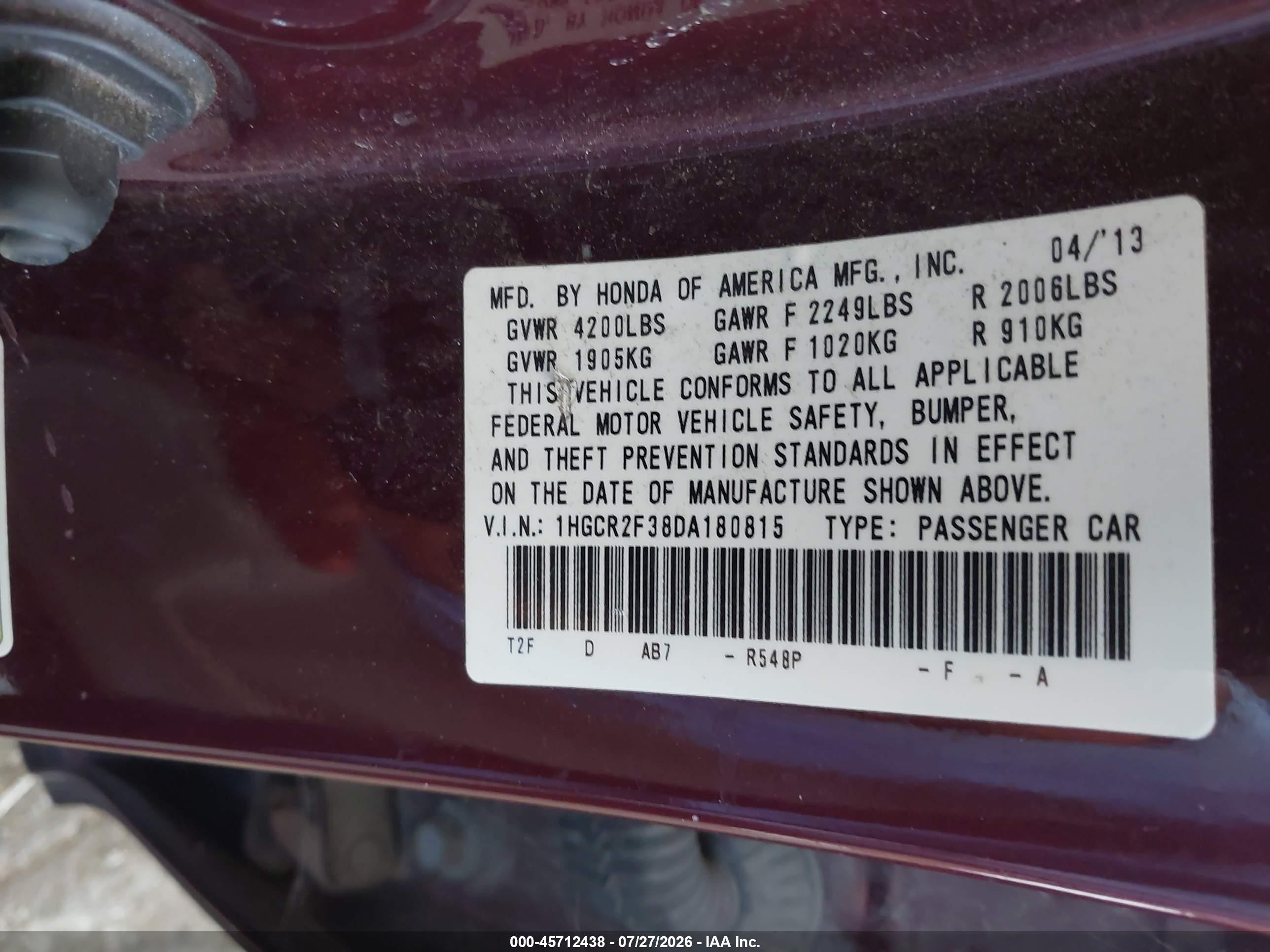2013 Honda Accord Lx Burgundy vin: 1HGCR2F38DA180815