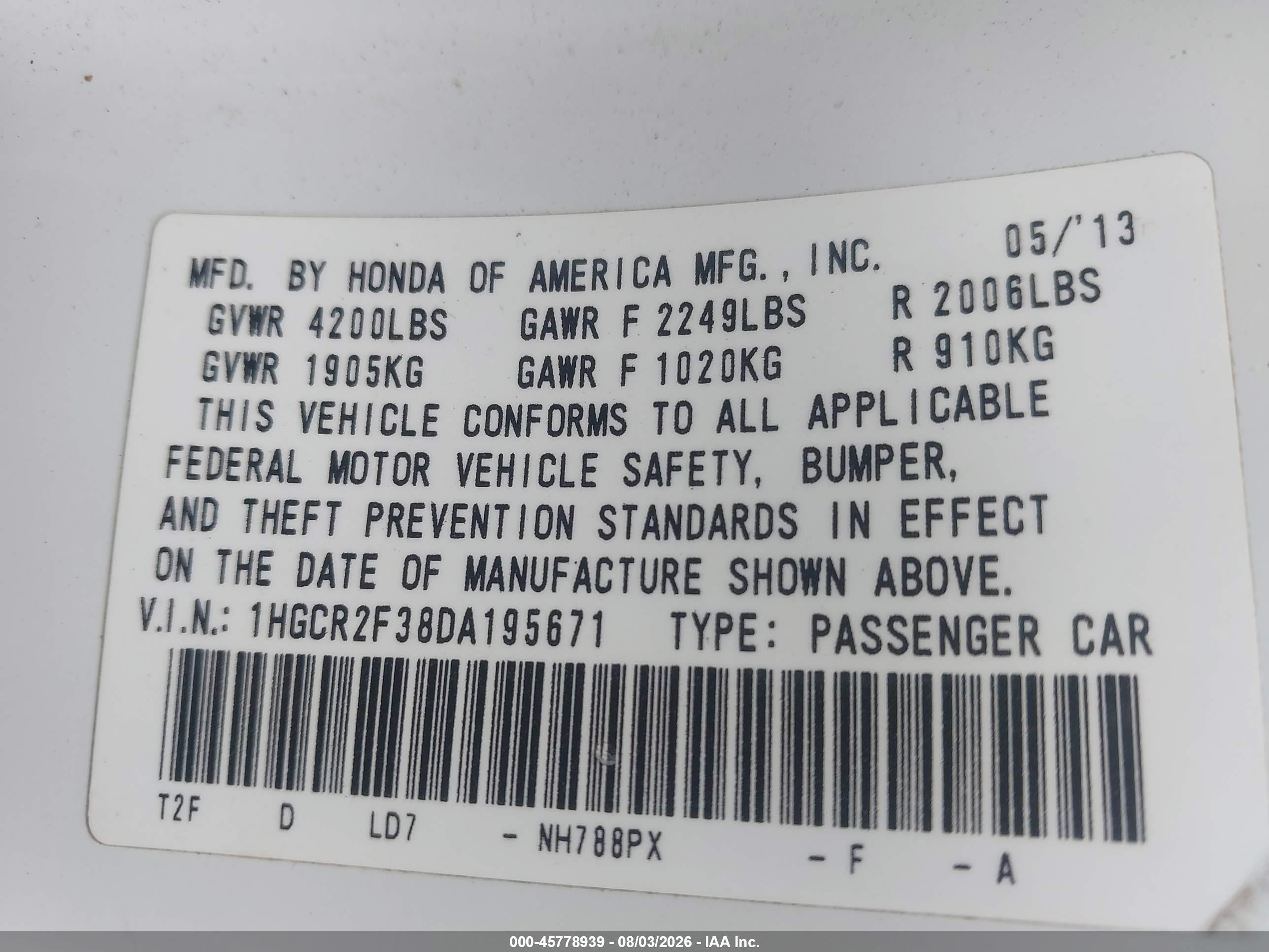 2013 Honda Accord Lx White vin: 1HGCR2F38DA195671