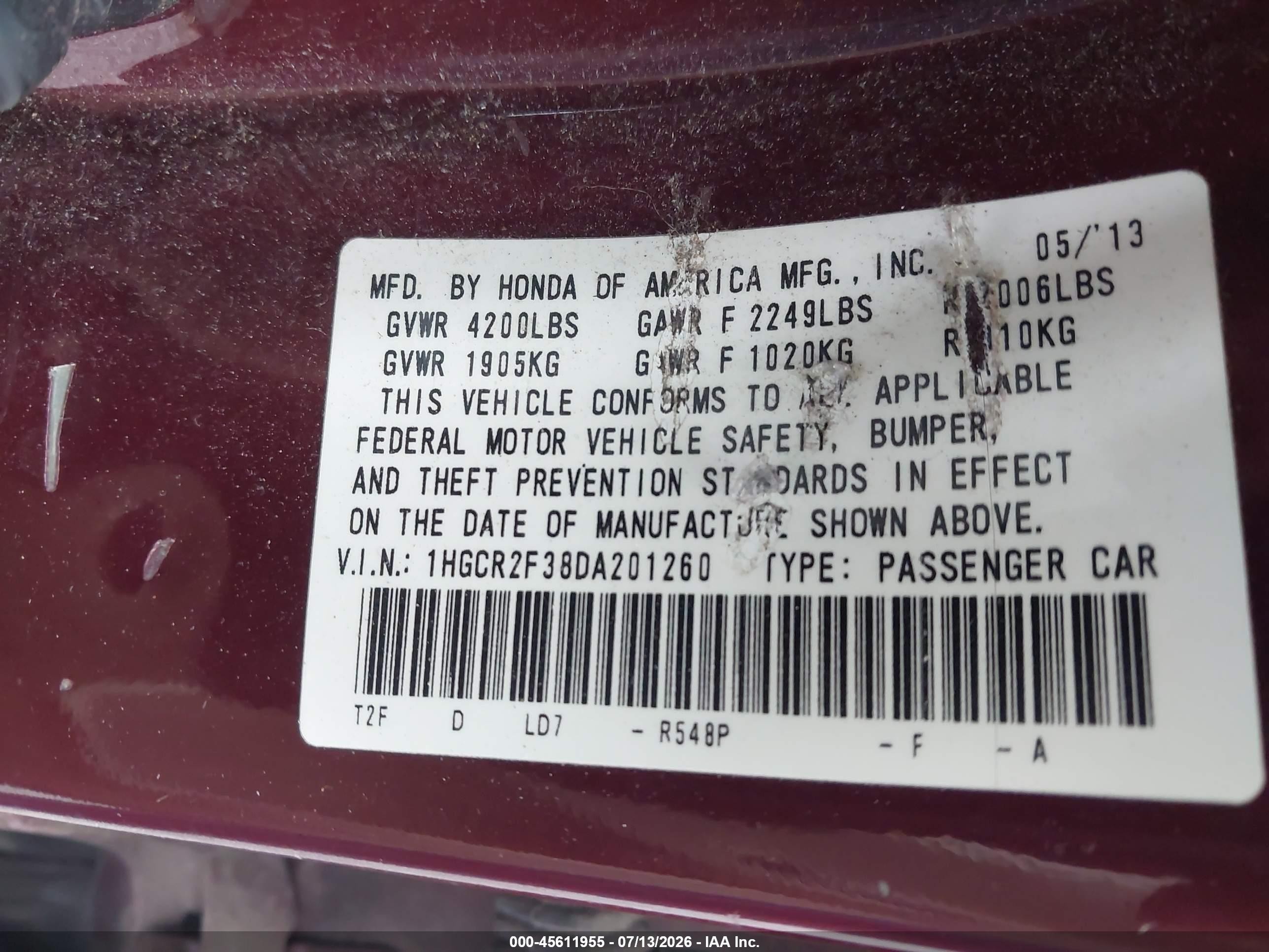 2013 Honda Accord Lx Red vin: 1HGCR2F38DA201260