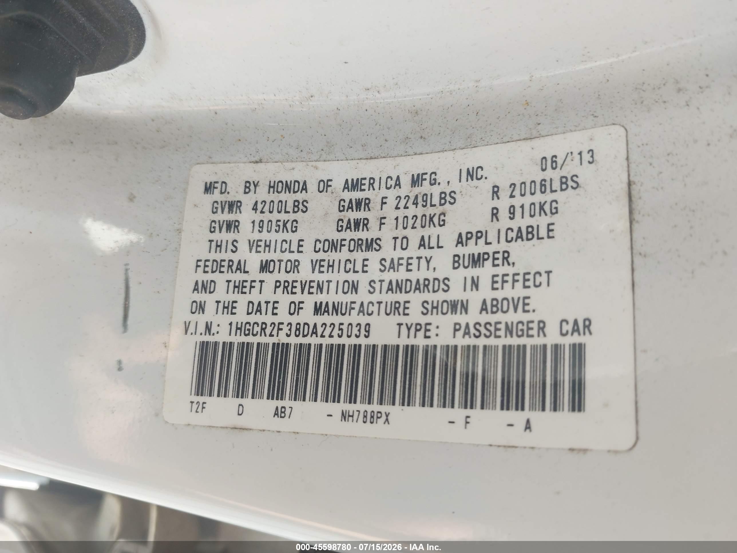 2013 Honda Accord Lx White vin: 1HGCR2F38DA225039