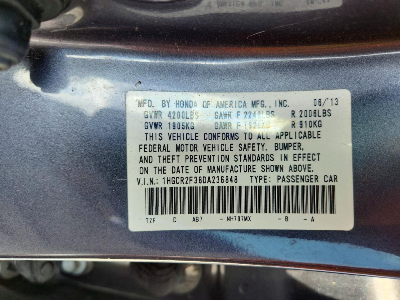 2013 Honda Accord Lx Gray vin: 1HGCR2F38DA236848