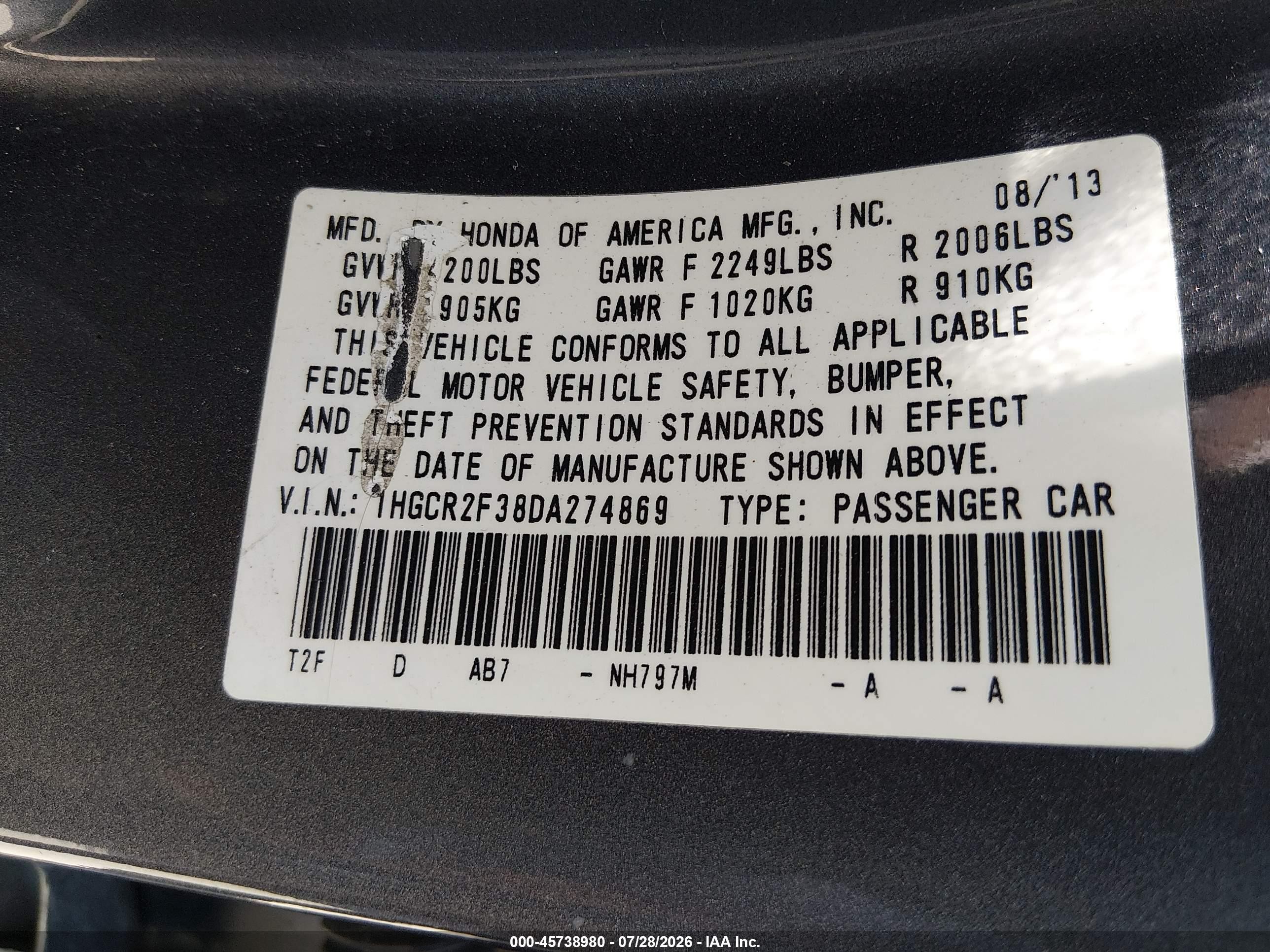 2013 Honda Accord Lx Gray vin: 1HGCR2F38DA274869