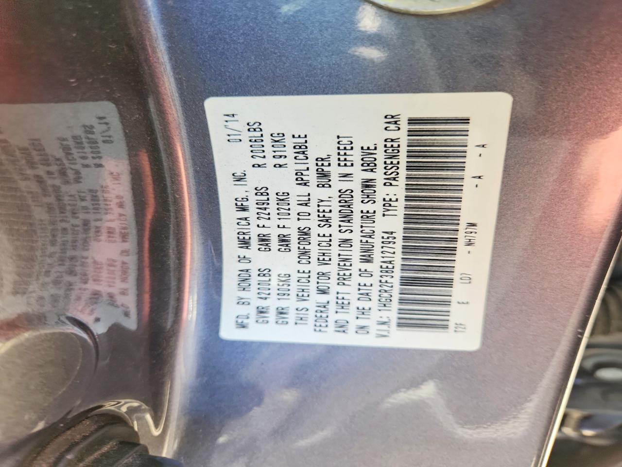 2014 Honda Accord Lx Gray vin: 1HGCR2F38EA127954
