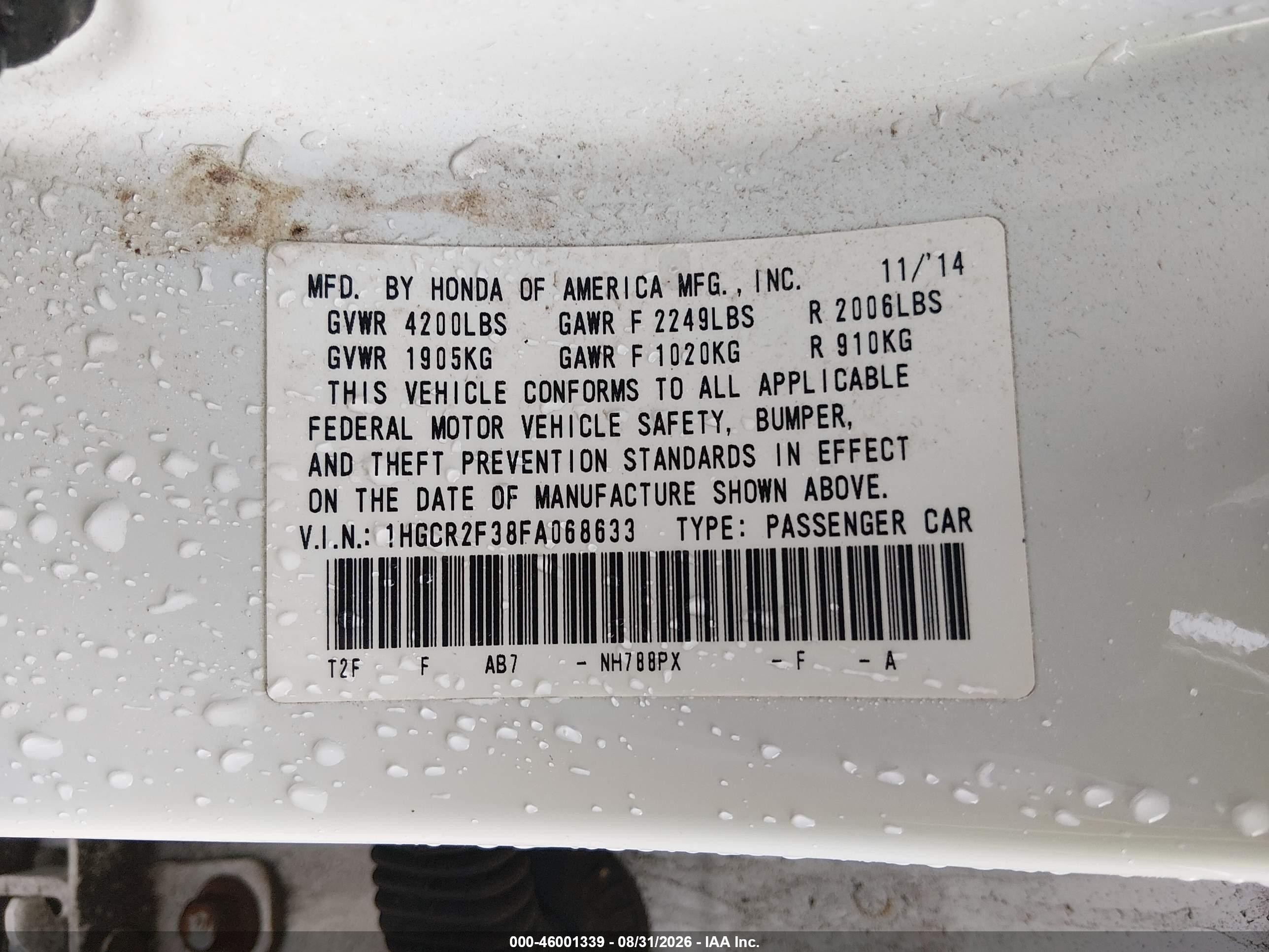 2015 Honda Accord Lx White vin: 1HGCR2F38FA068633