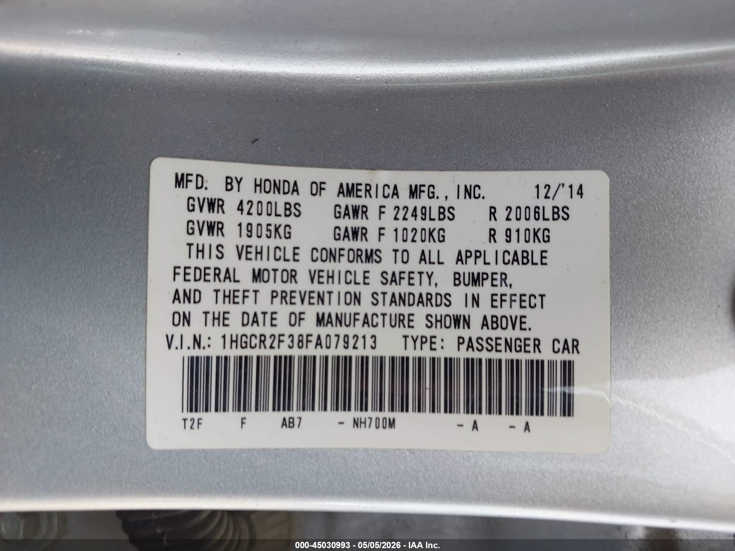 2015 Honda Accord Lx Silver vin: 1HGCR2F38FA079213