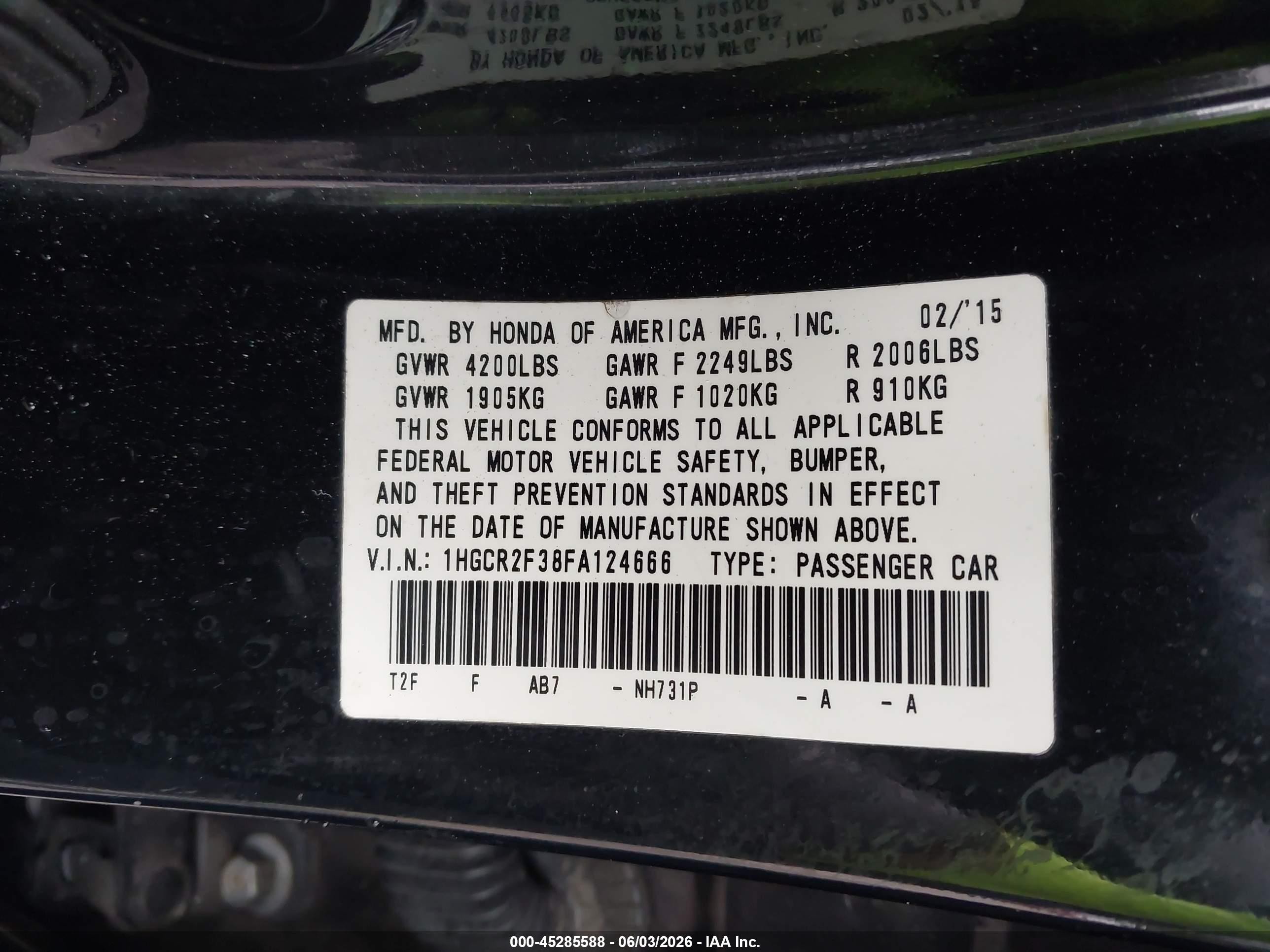 2015 Honda Accord Lx Black vin: 1HGCR2F38FA124666