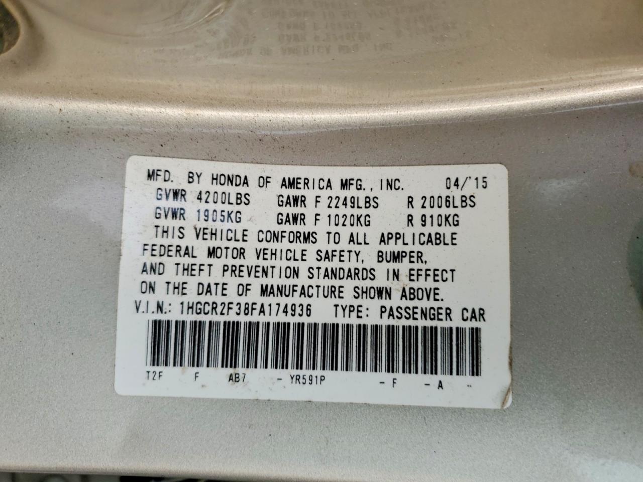 2015 Honda Accord Lx Бежевый vin: 1HGCR2F38FA174936