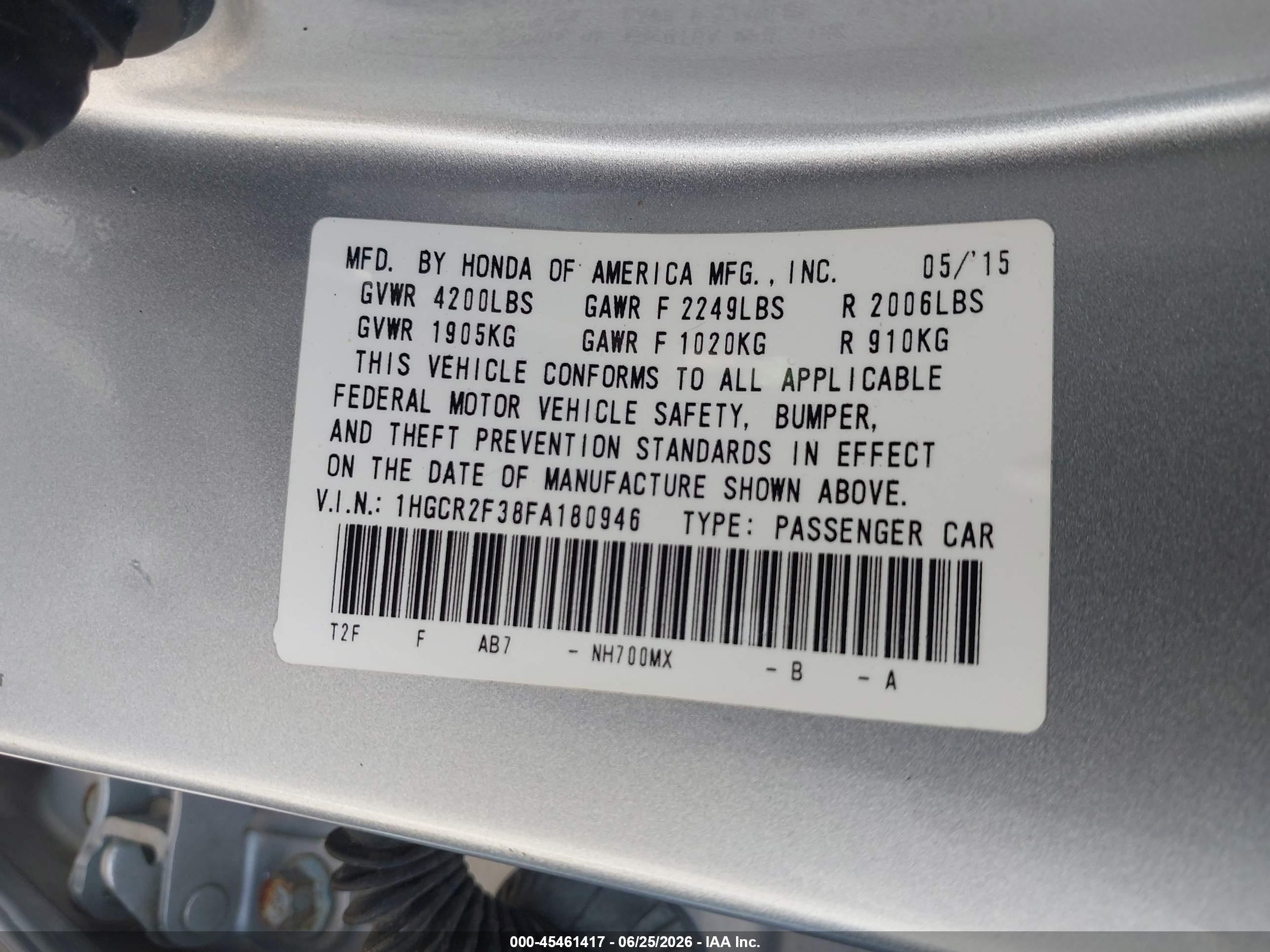 2015 Honda Accord Lx Gray vin: 1HGCR2F38FA180946