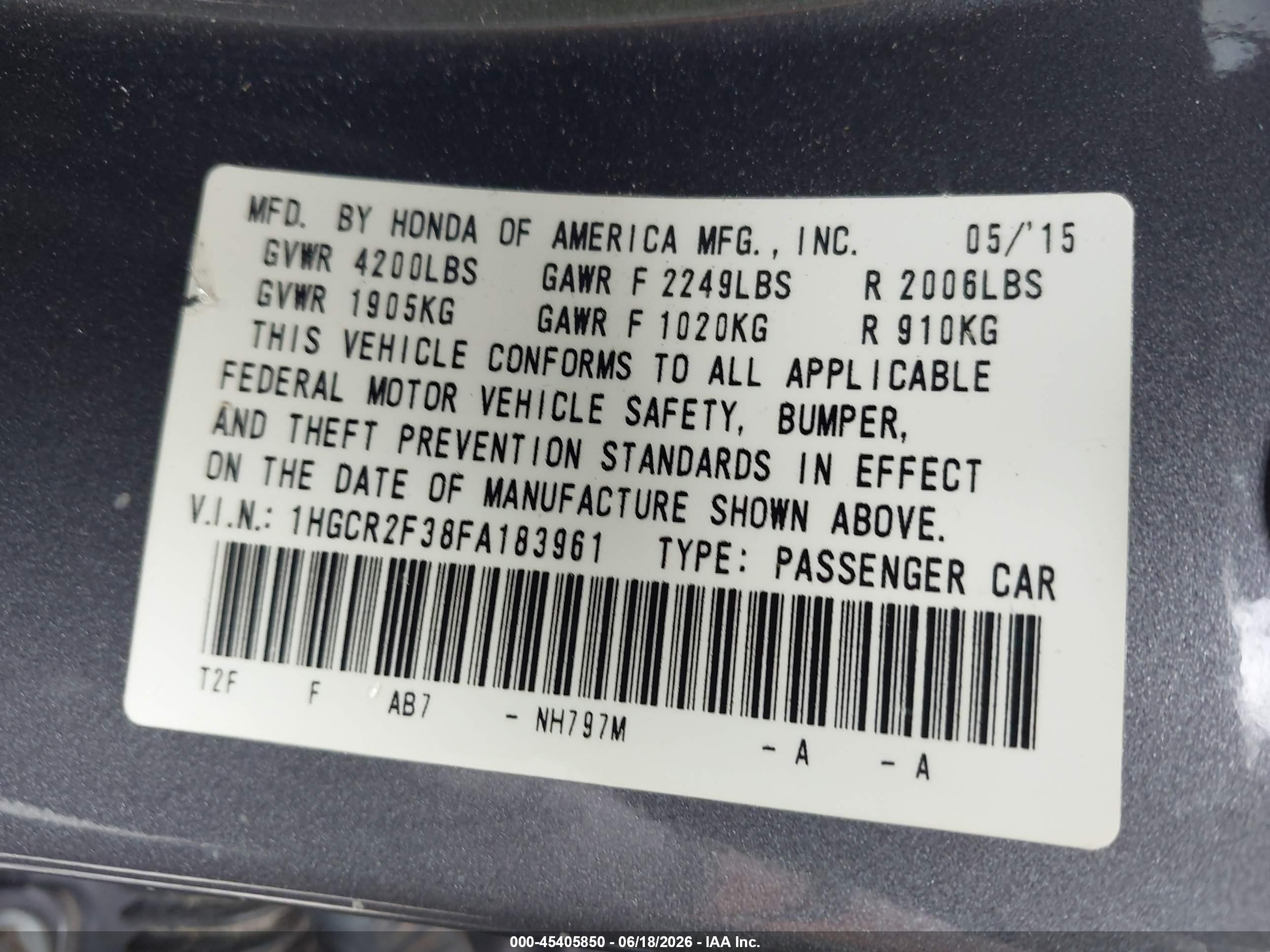 2015 Honda Accord Lx Серый vin: 1HGCR2F38FA183961
