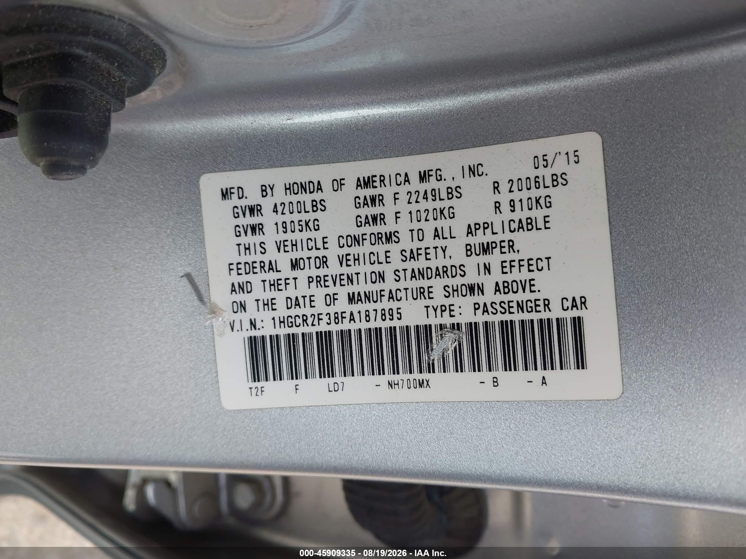 2015 Honda Accord Lx Серебряный vin: 1HGCR2F38FA187895