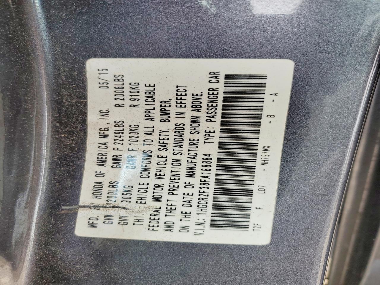 2015 Honda Accord Lx Серый vin: 1HGCR2F38FA188884